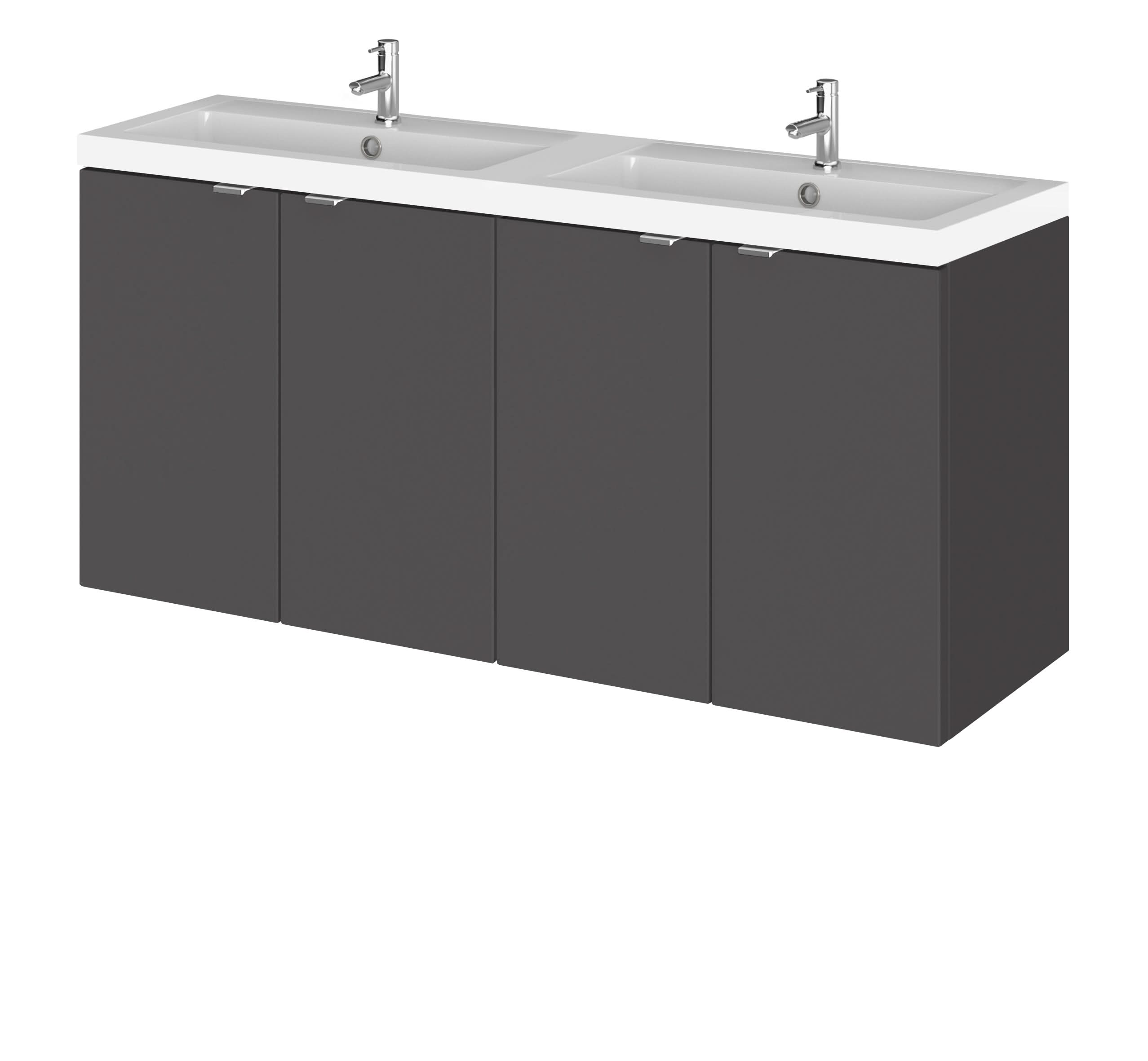 Hudson Reed Fusion Wall Hung 4 Door Vanity Unit & Twin Polymarble Basin, Stylish Sink Vanity Unit, Gloss Grey, 1200mm
