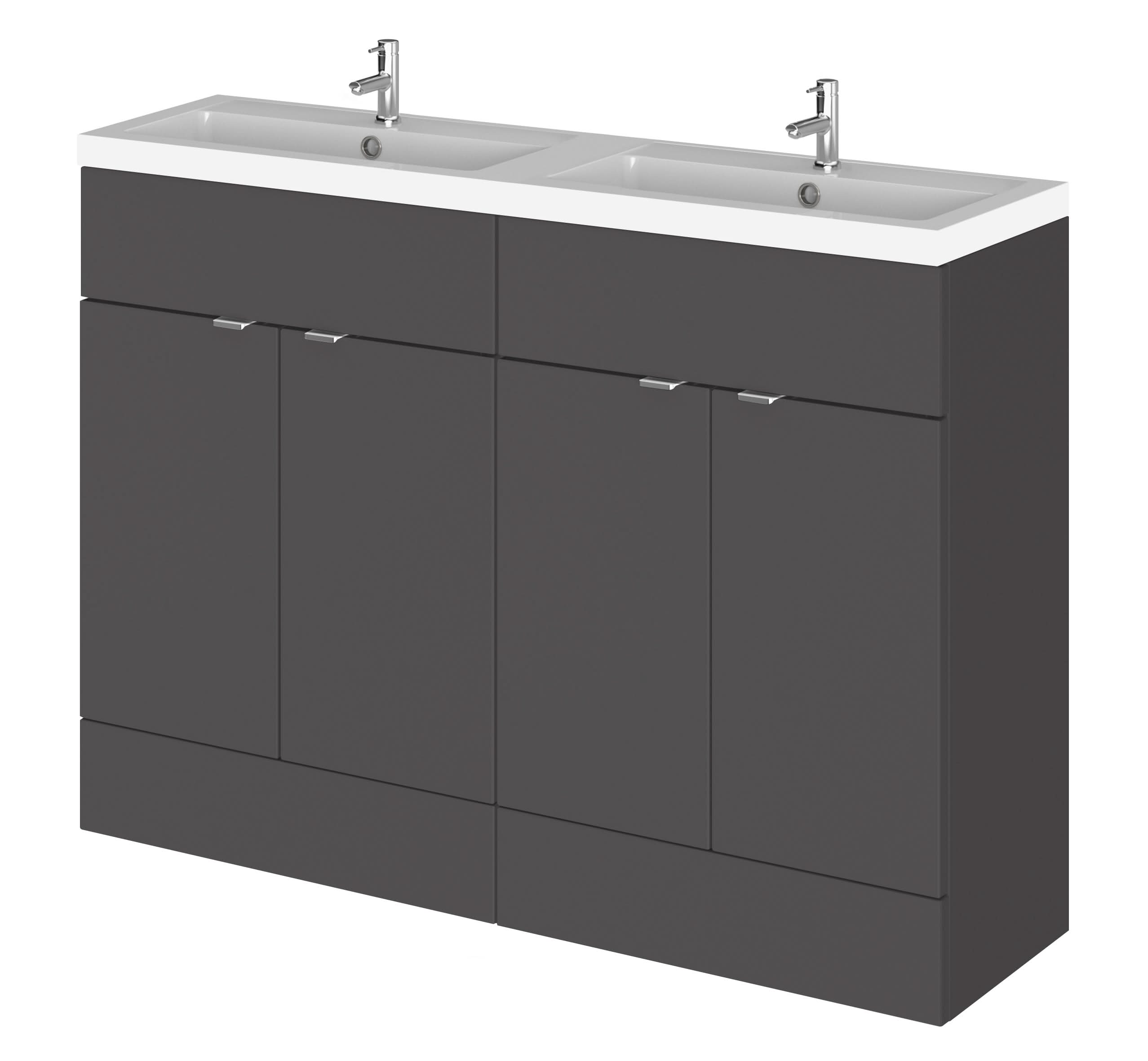Hudson Reed Fusion Floor Standing 4 Door Vanity Unit & Twin Polymarble Basin, Stylish Sink Vanity Unit, Gloss Grey, 1200mm