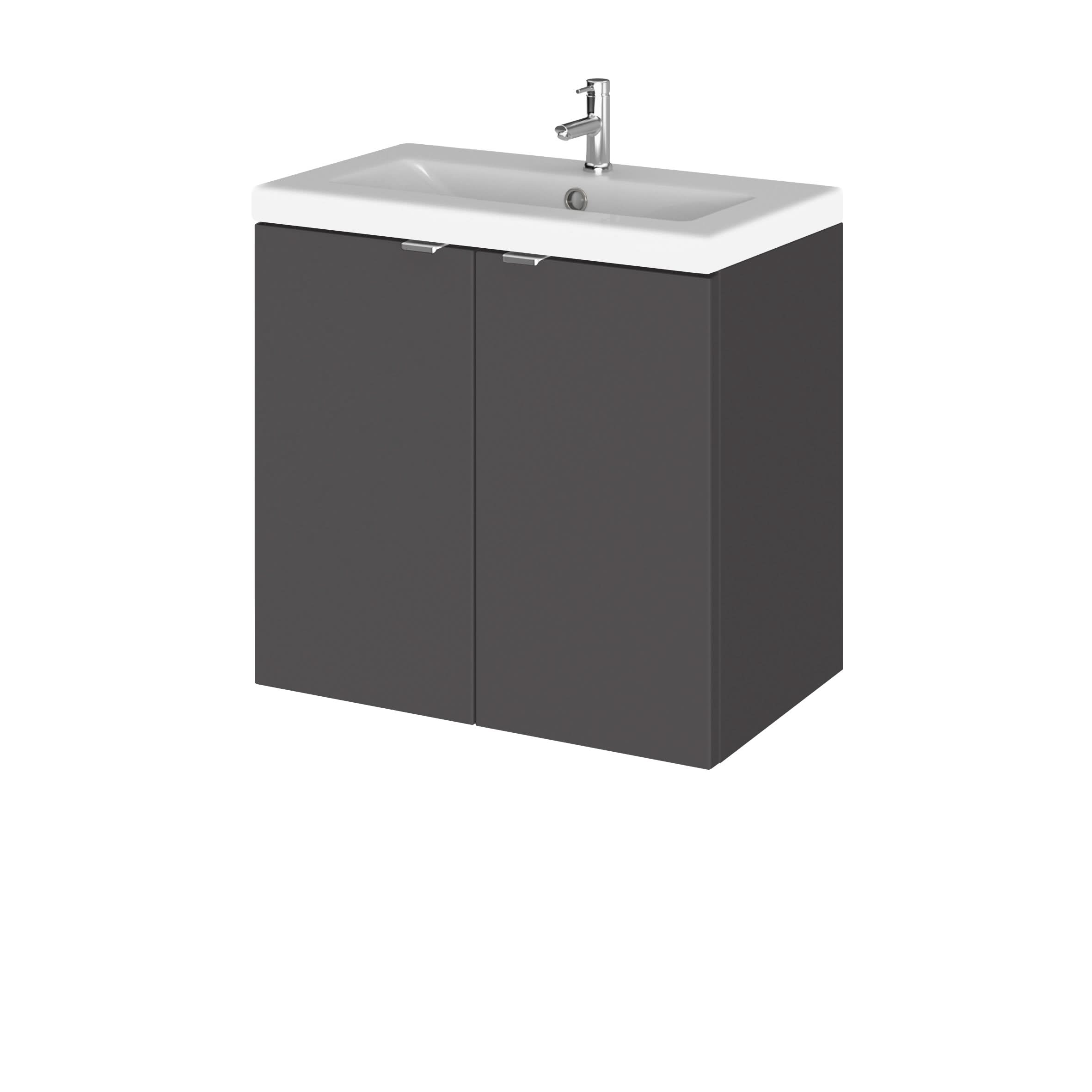 Hudson Reed Fusion Wall Hung 2 Door Vanity Unit & Ceramic Basin, Stylish Sink Vanity Unit, Gloss Grey, 600mm