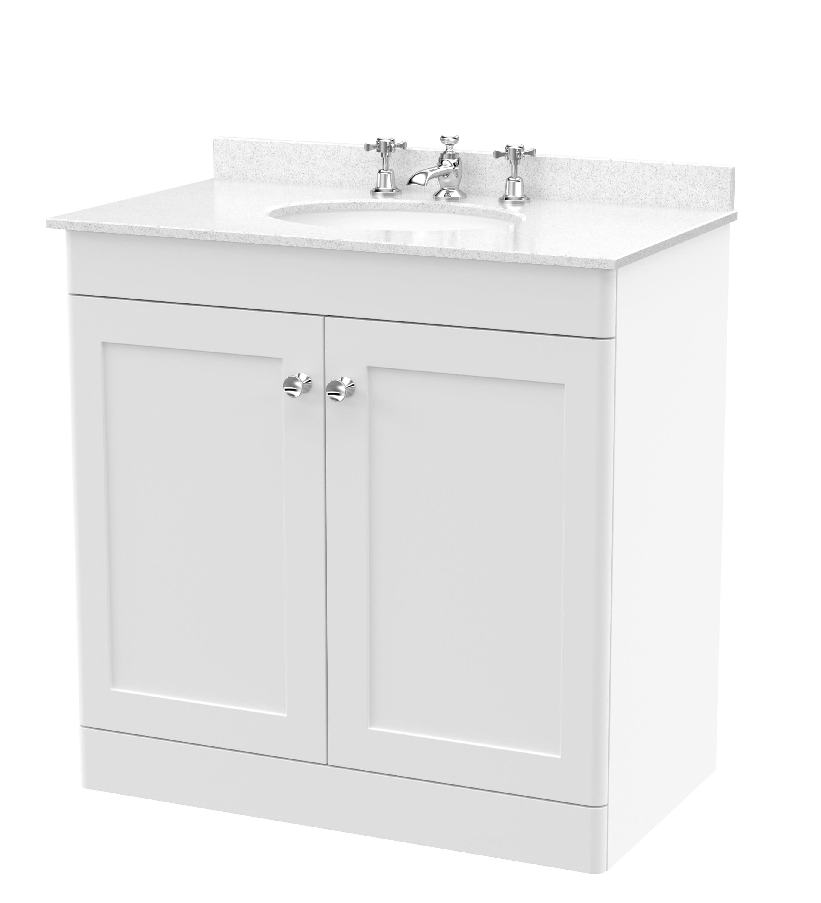 Nuie Classique Floor Standing 2 Door Vanity Unit & 3 Tap Hole White Marble Top with Oval Basin, Elegant Sink Vanity Unit, Satin White, 800mm