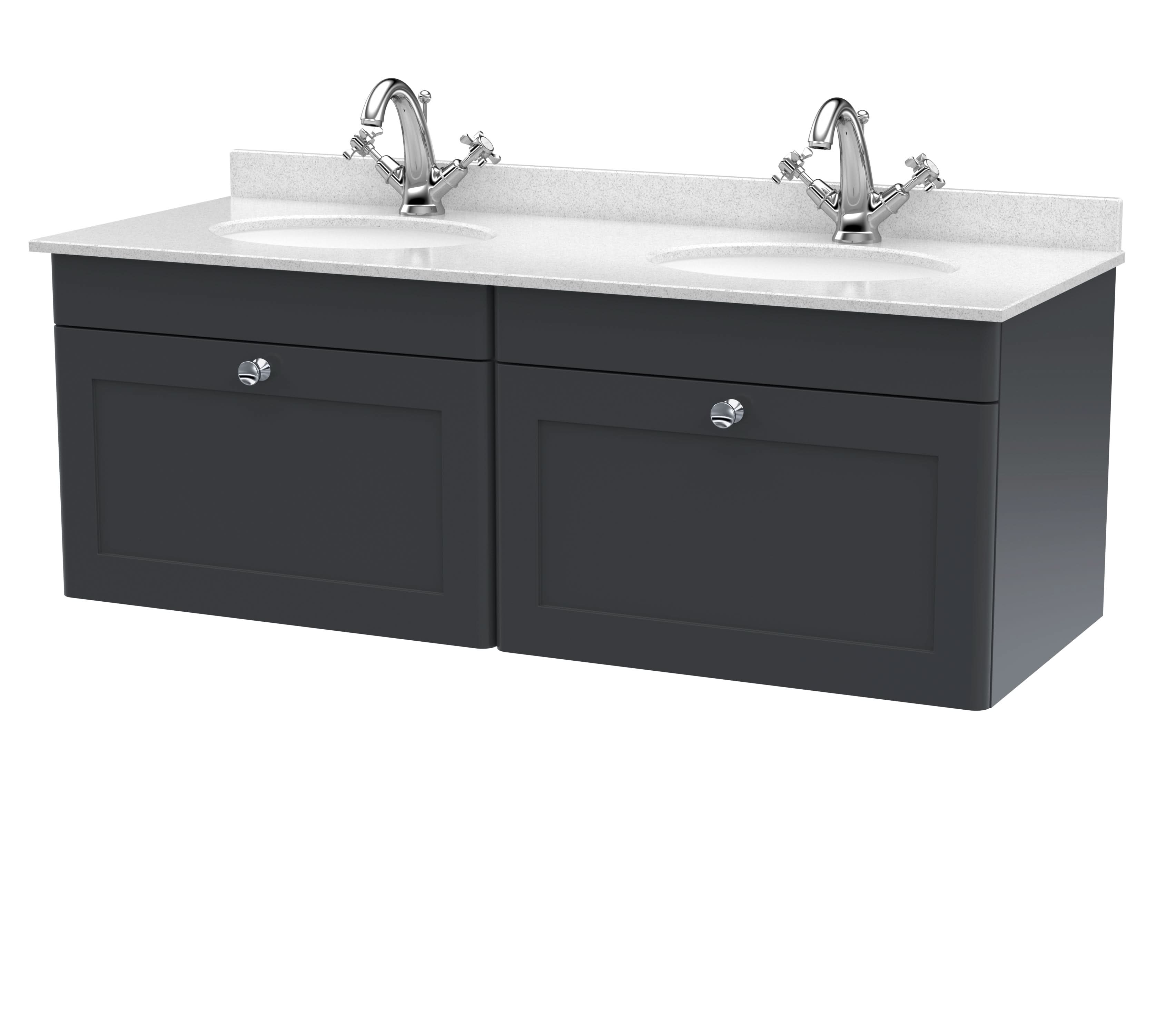 Nuie Classique Wall Hung 2 Drawer Unit & 1 Tap Hole White Marble Top with Oval Basin, Sink Vanity Unit in Soft Black with White Basin, 1200mm