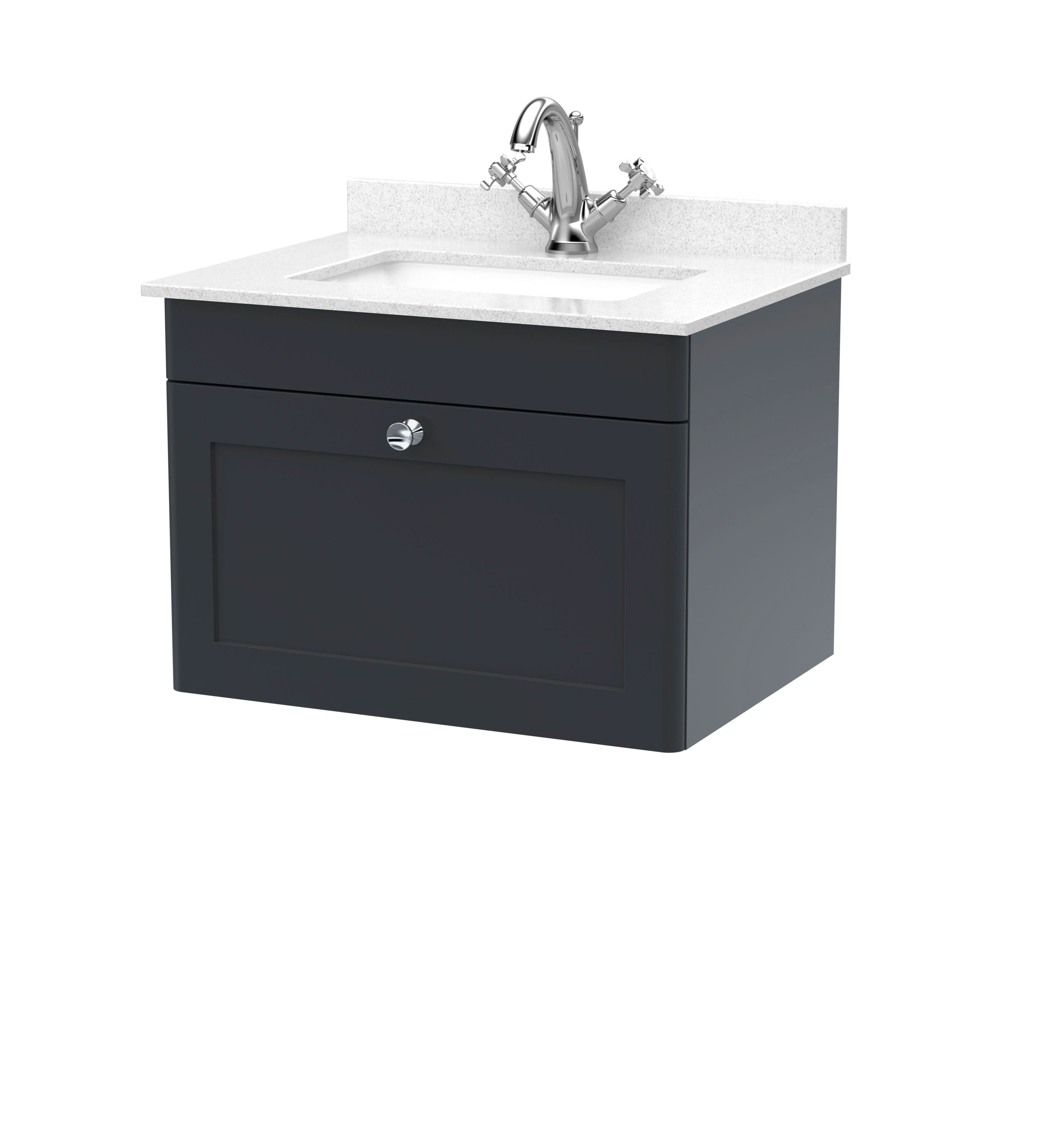 Nuie Classique Wall Hung 1 Drawer Unit & 1 Tap Hole White Marble Top with Square Basin, Sink Vanity Unit in Soft Black with White Basin, 600mm