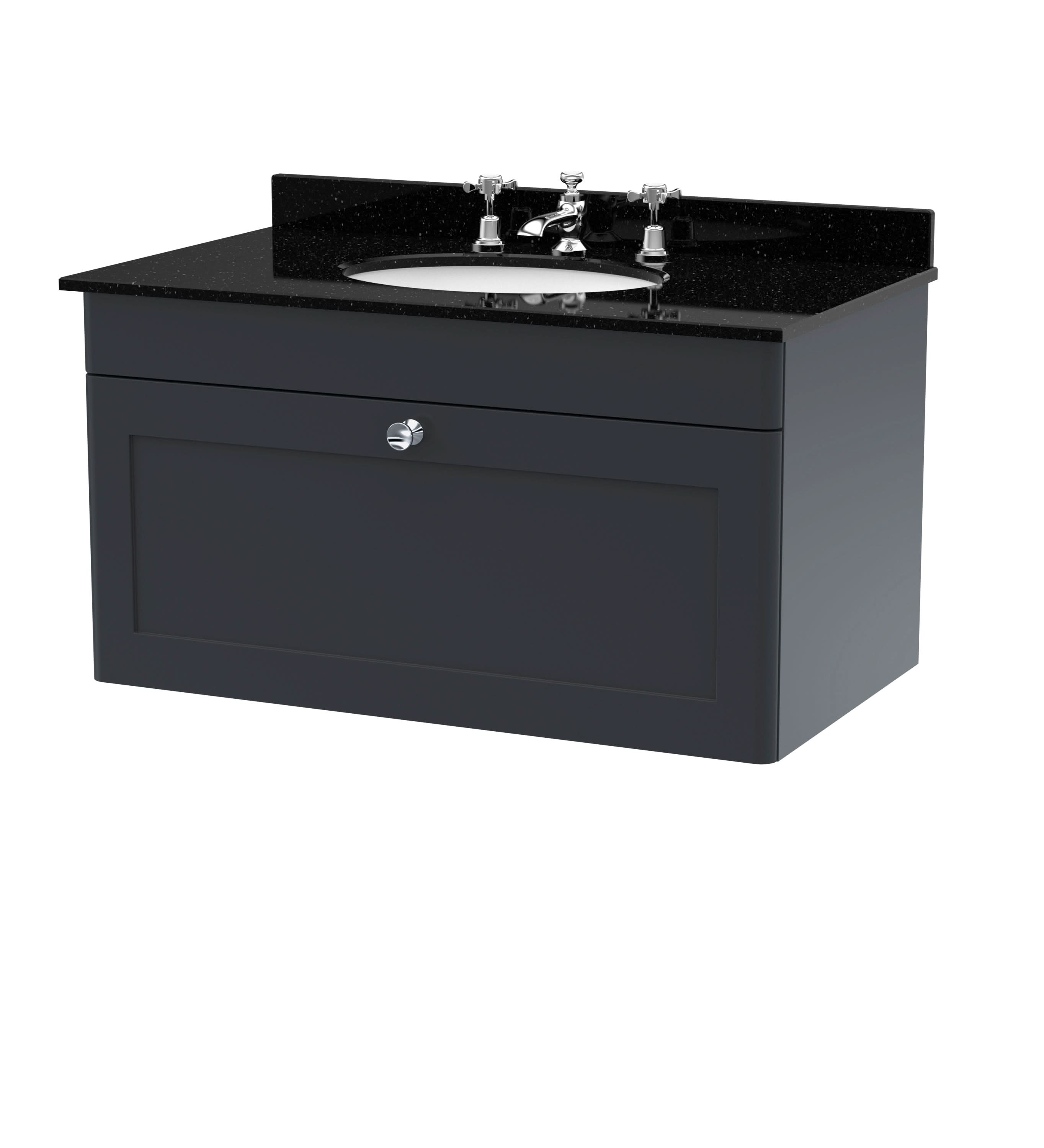 Nuie Classique Wall Hung 1 Drawer Unit & 3 Tap Hole Black Marble Top with Oval Basin, Sink Vanity Unit in Soft Black with White Basin, 800mm