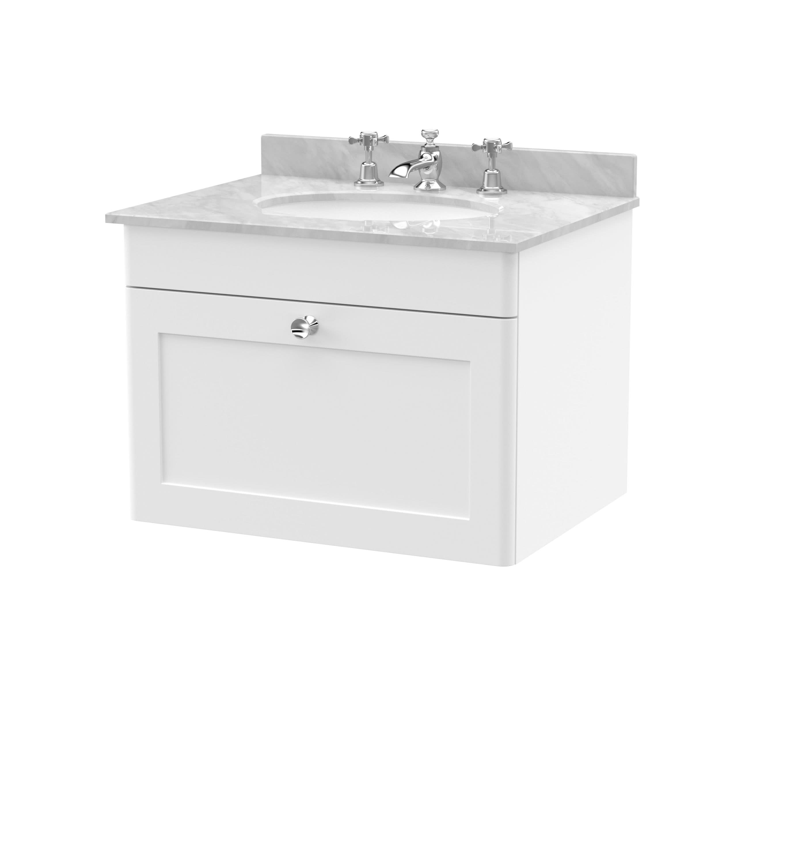 Nuie Classique Wall Hung 1 Drawer Unit & 3 Tap Hole Grey Marble Top with Oval Basin, Stylish Sink Vanity Unit in Satin White with White Basin, 600mm