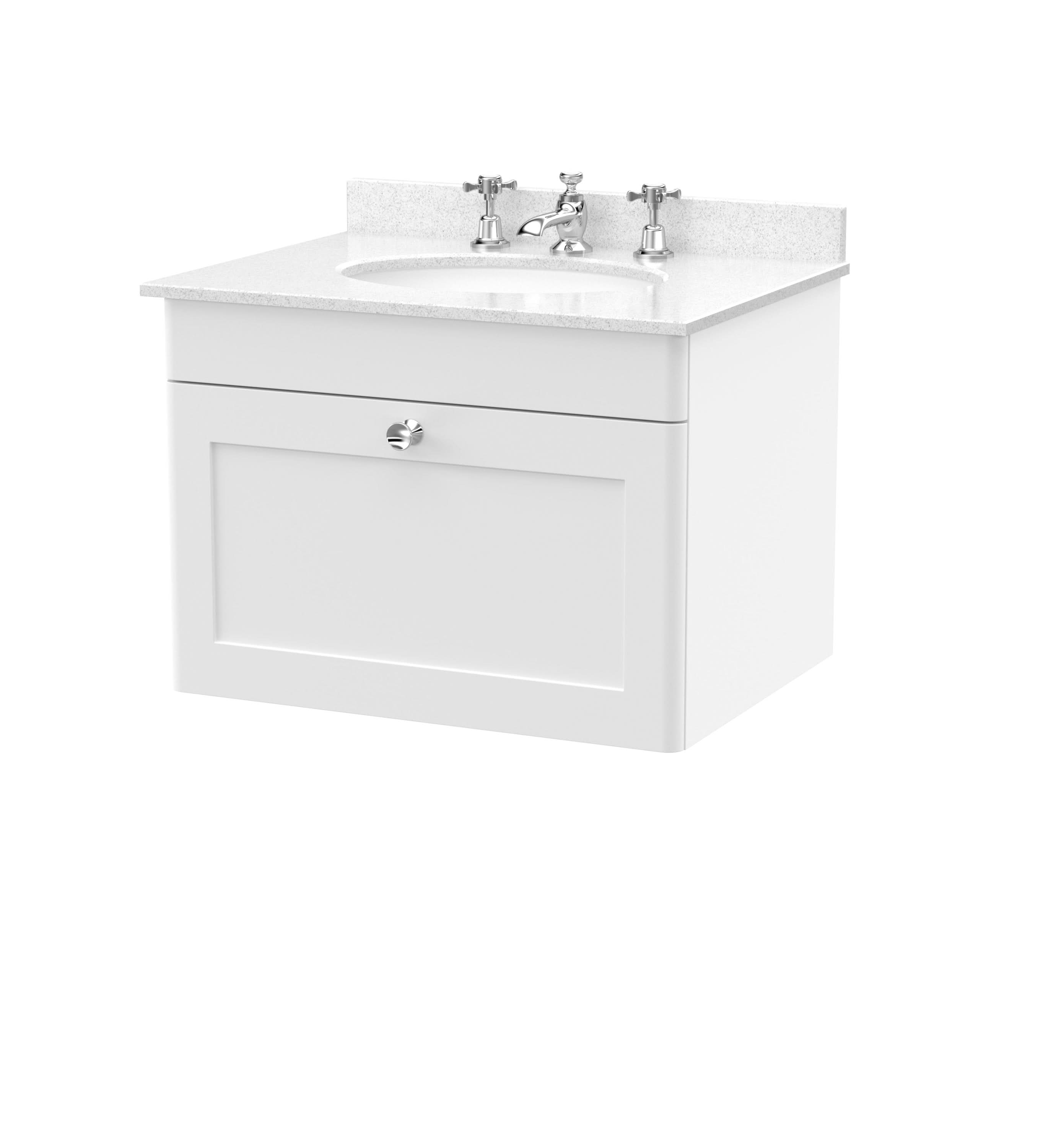 Nuie Classique Wall Hung 1 Drawer Vanity Unit & 3 Tap Hole White Marble Top with Oval Basin, Stylish Sink Vanity Unit in Satin White with White Basin, 600mm