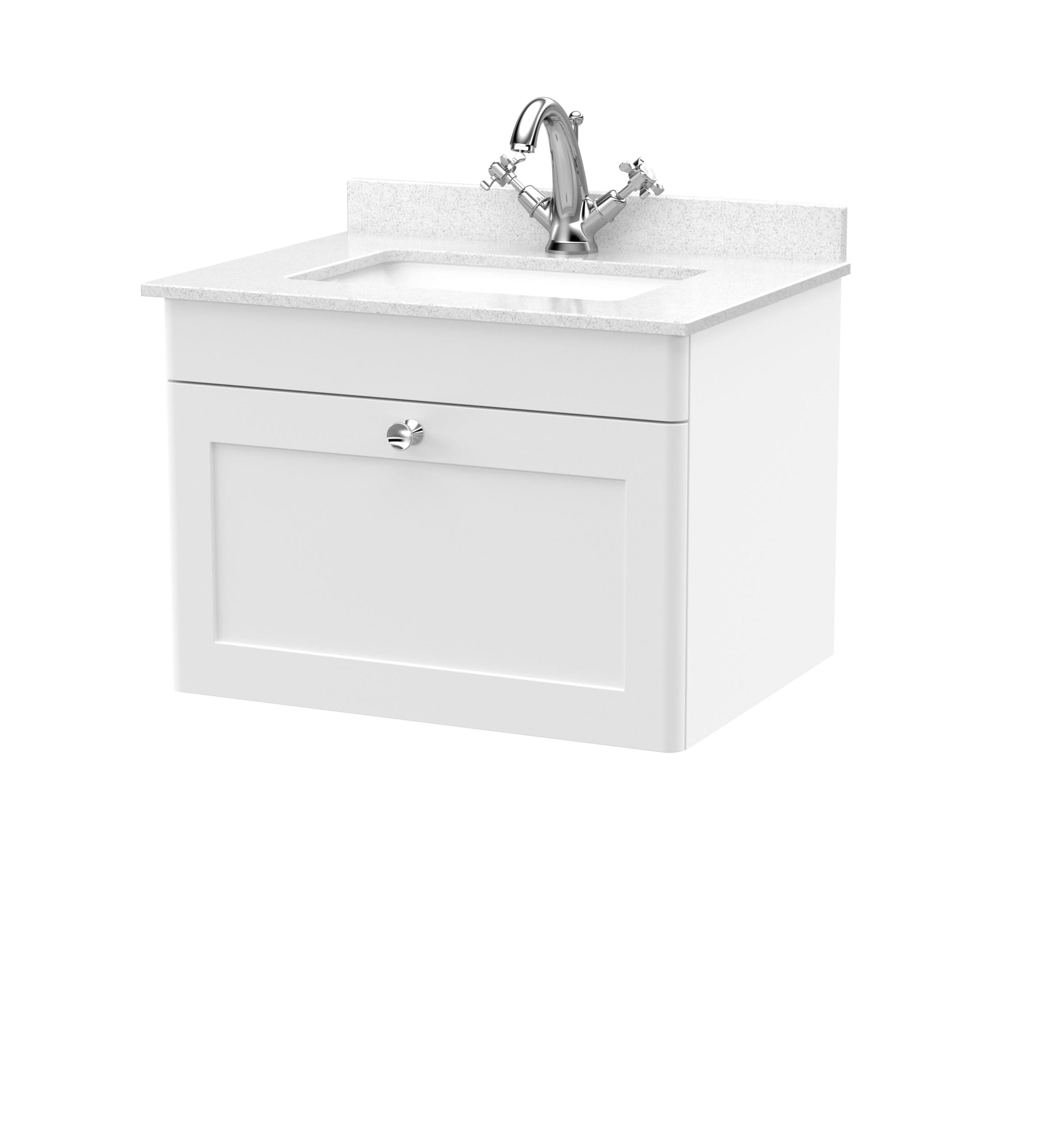 Nuie Classique Wall Hung 1 Drawer Vanity Unit & 1 Tap Hole White Marble Top with Square Basin, Stylish Sink Vanity Unit in Satin White with White Basin, 600mm