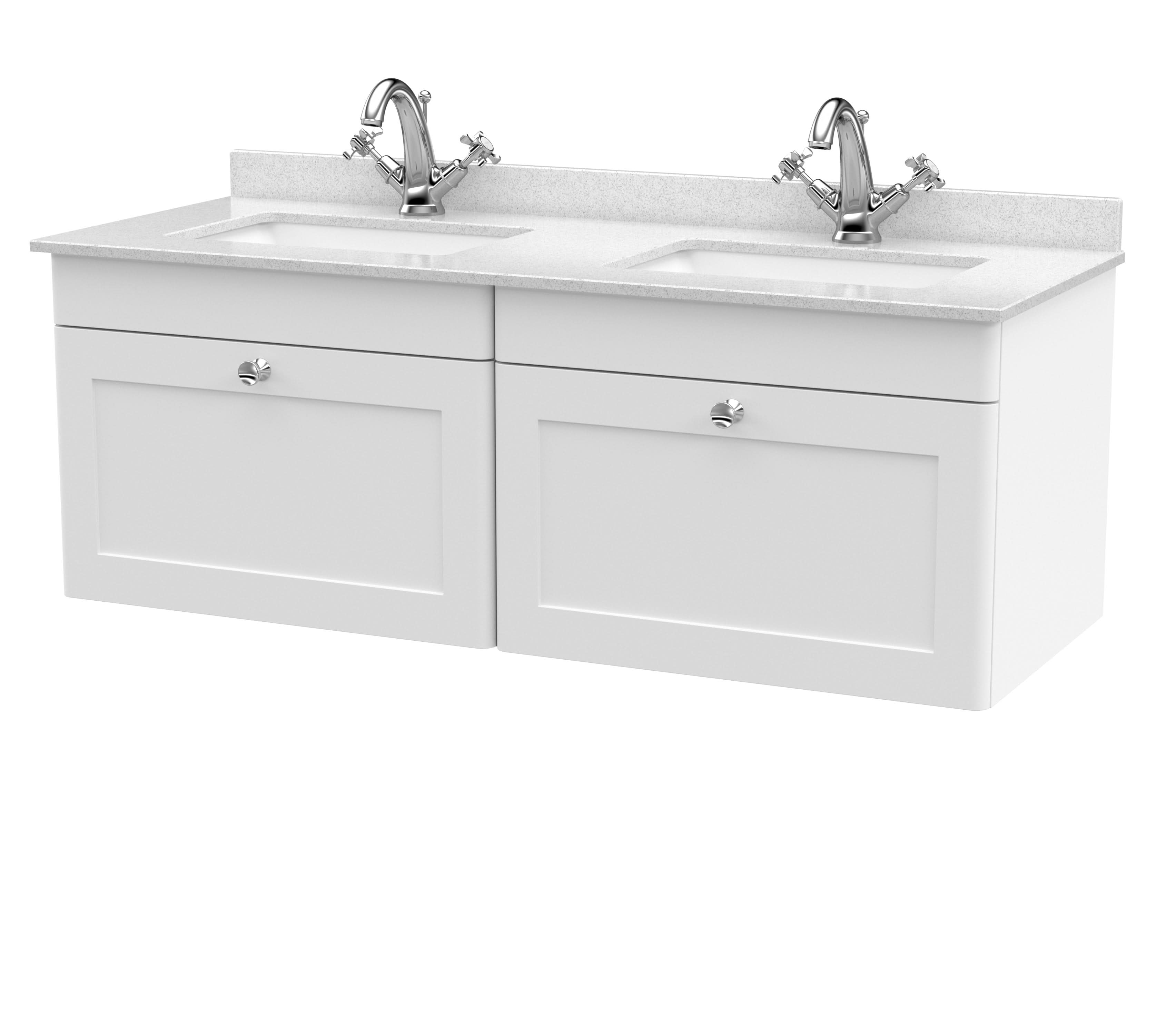 Nuie Classique Wall Hung 2 Drawer Vanity Unit & 1 Tap Hole White Marble Top with Square Basin, Stylish Sink Vanity Unit in Satin White with White Basin, 1200mm