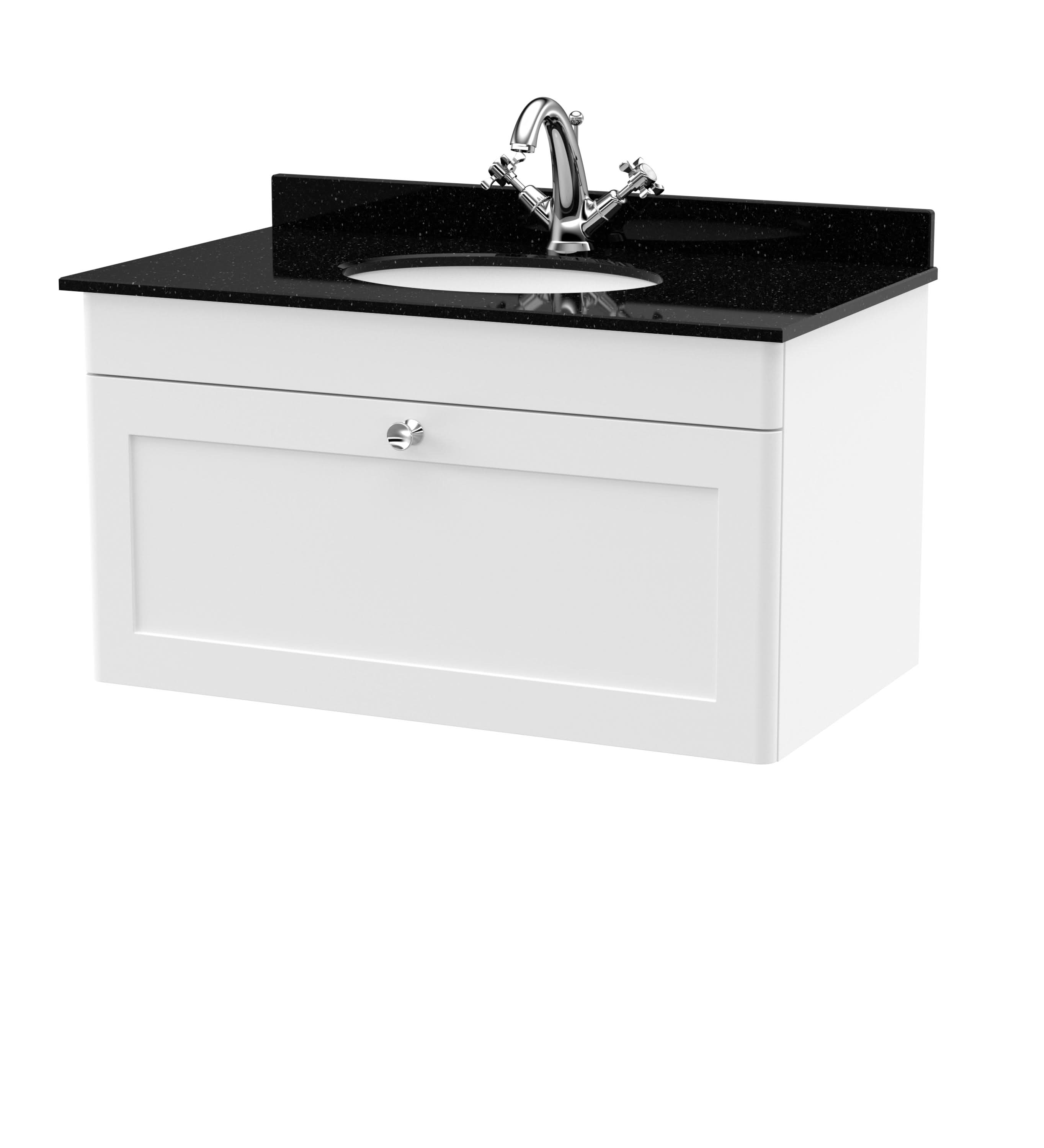 Nuie Classique Wall Hung 1 Drawer Vanity Unit & 1 Tap Hole Black Marble Top with Oval Basin, Stylish Sink Vanity Unit in Satin White with White Basin, 800mm