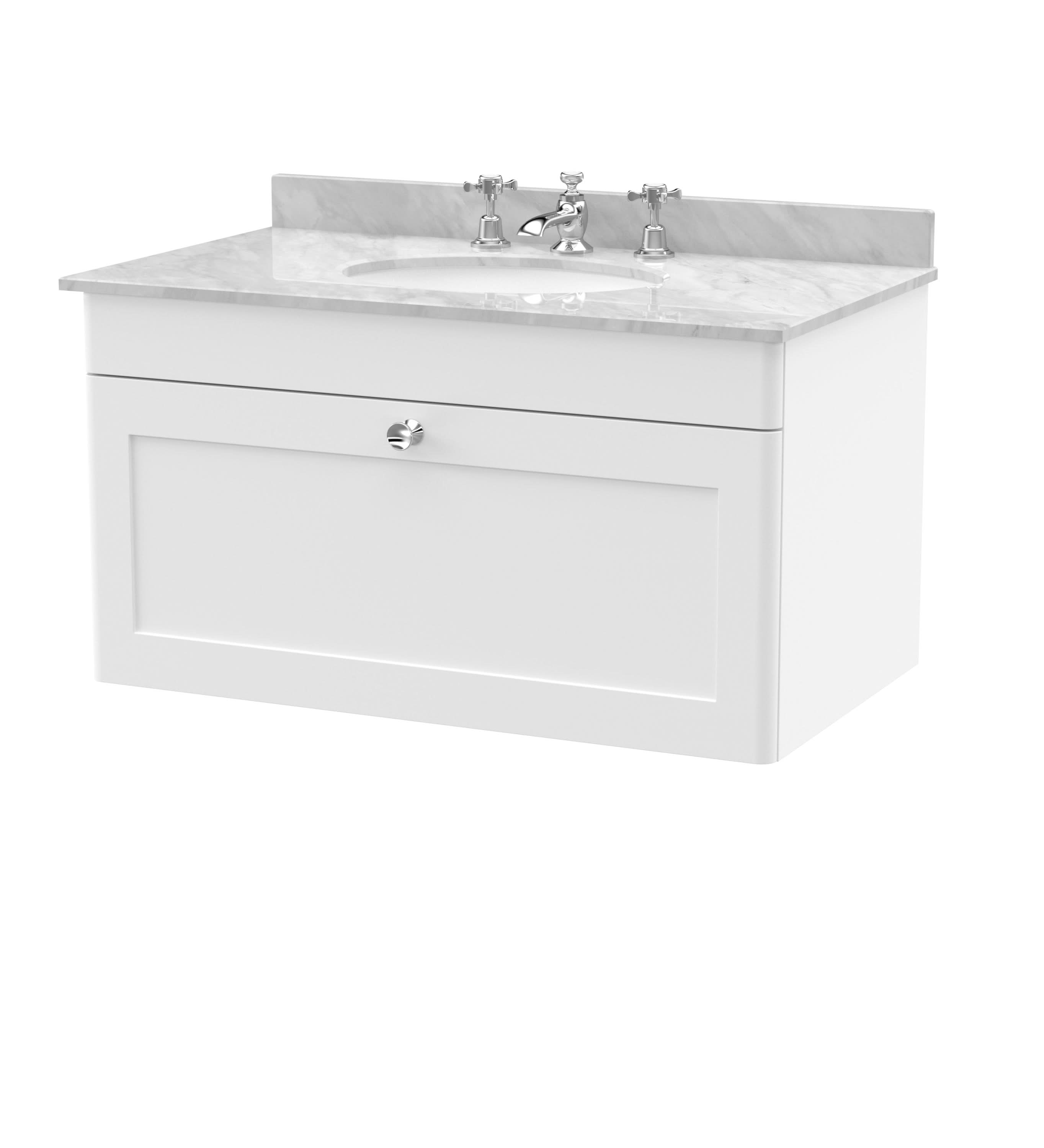 Nuie Classique Wall Hung 1 Drawer Vanity Unit & 3 Tap Hole Grey Marble Top with Oval Basin, Stylish Sink Vanity Unit in Satin White with White Basin, 800mm