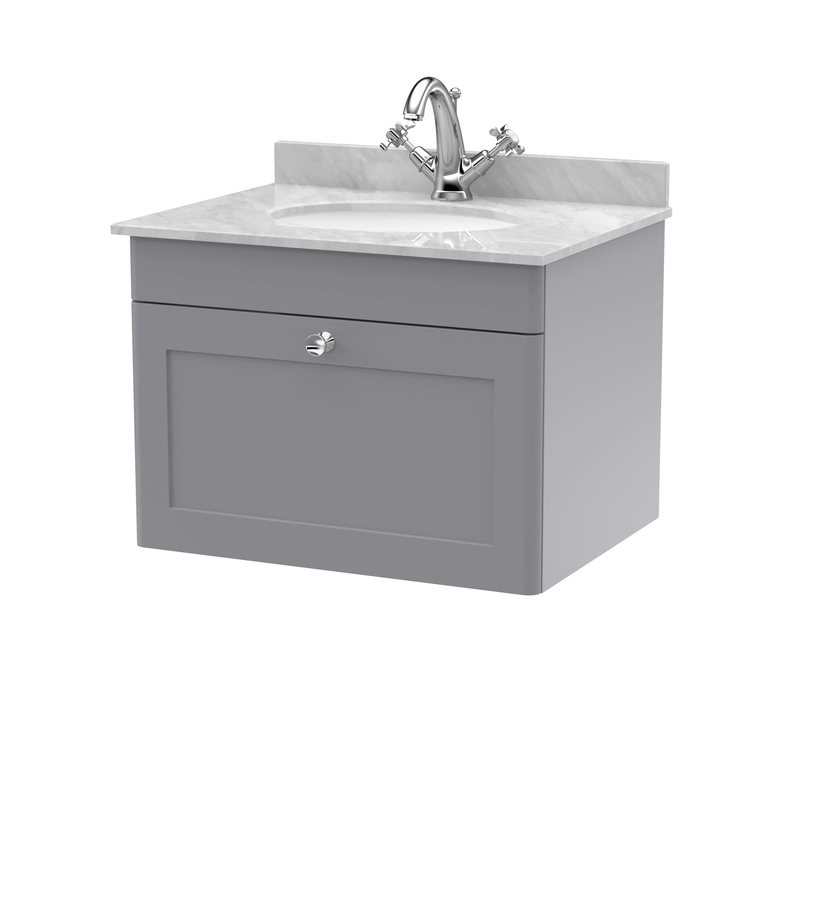 Nuie Classique Wall Hung 1 Drawer Vanity Unit & 1 Tap Hole Grey Marble Top with Oval Basin, Contemporary Sink Vanity Unit in Satin Grey with White Basin, 600mm