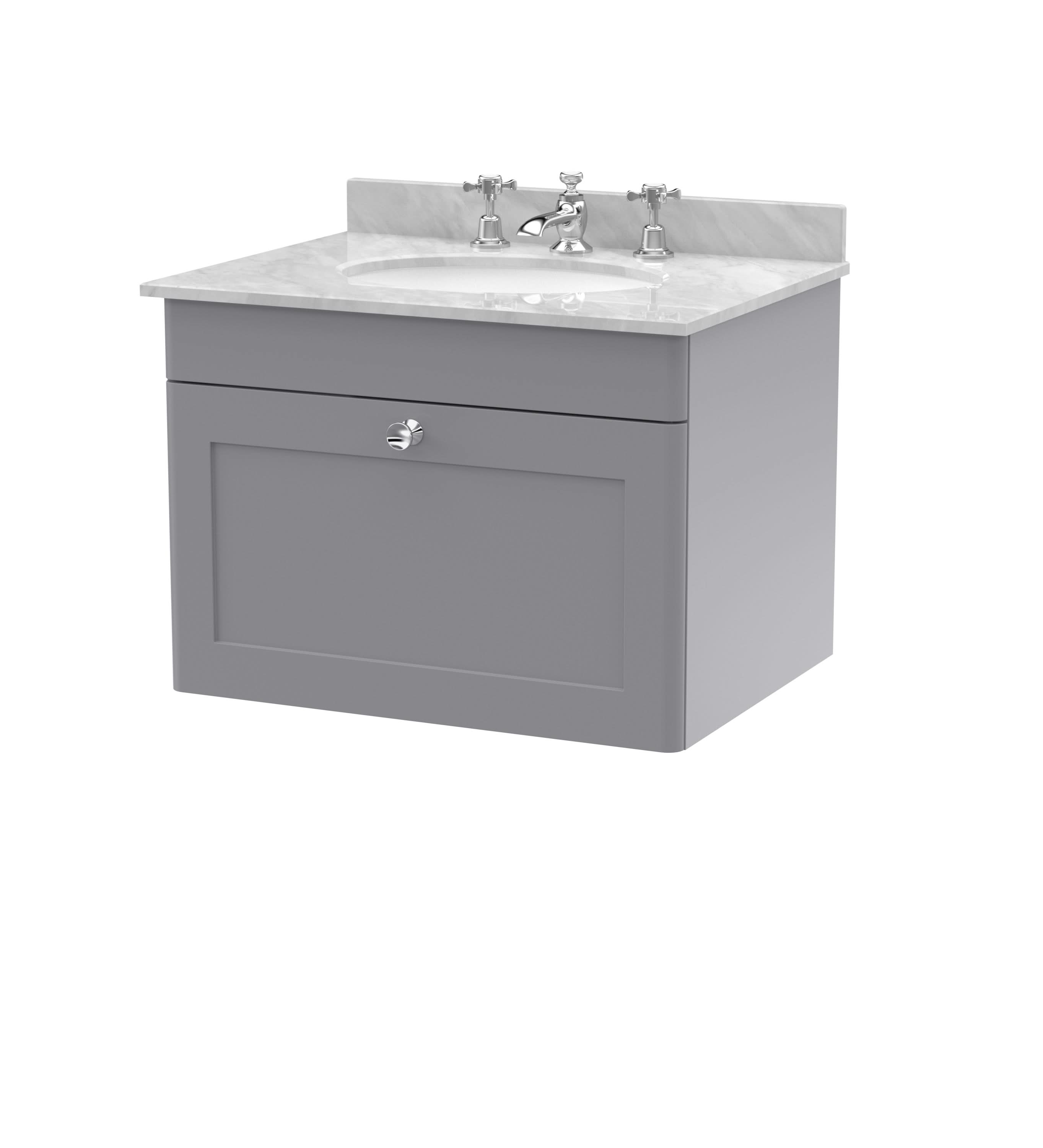 Nuie Classique Wall Hung 1 Drawer Vanity Unit & 3 Tap Hole Grey Marble Top with Oval Basin, Contemporary Sink Vanity Unit in Satin Grey with White Basin, 600mm
