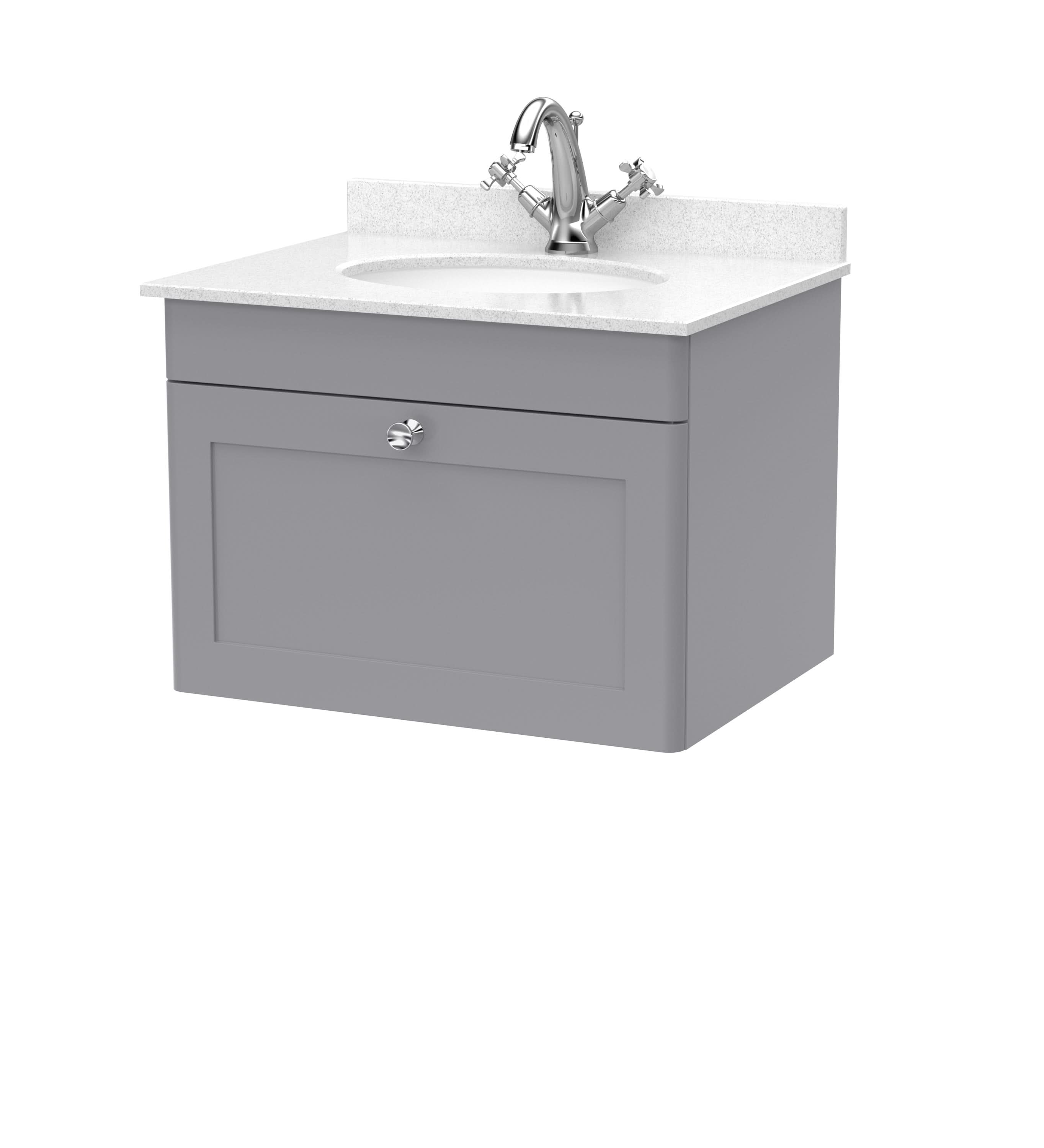 Nuie Classique Wall Hung 1 Drawer Vanity Unit & 1 Tap Hole White Marble Top with Oval Basin, Contemporary Sink Vanity Unit in Satin Grey with White Basin, 600mm