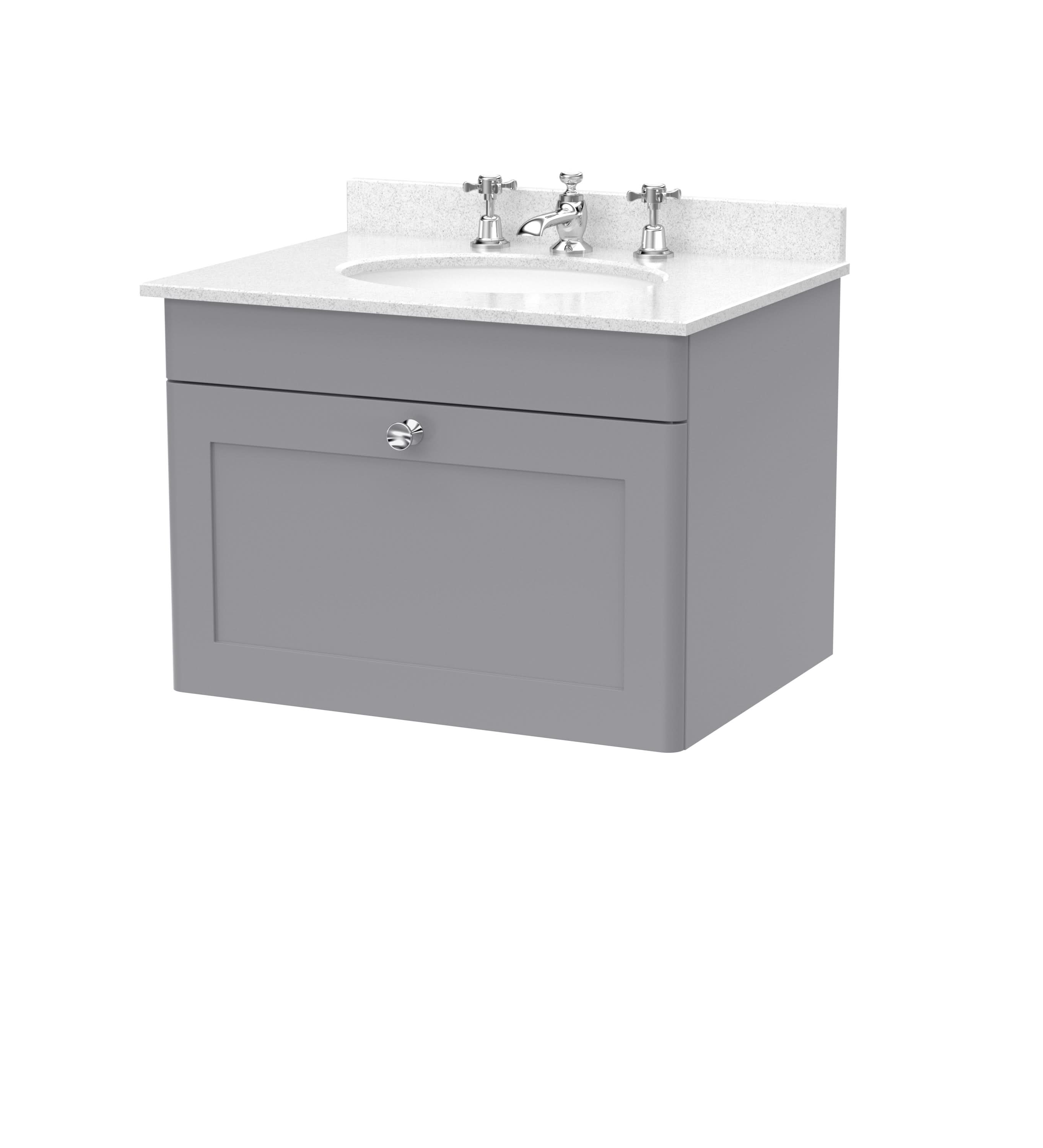 Nuie Classique Wall Hung 1 Drawer Vanity Unit & 3 Tap Hole White Marble Top with Oval Basin, Contemporary Sink Vanity Unit in Satin Grey with White Basin, 600mm