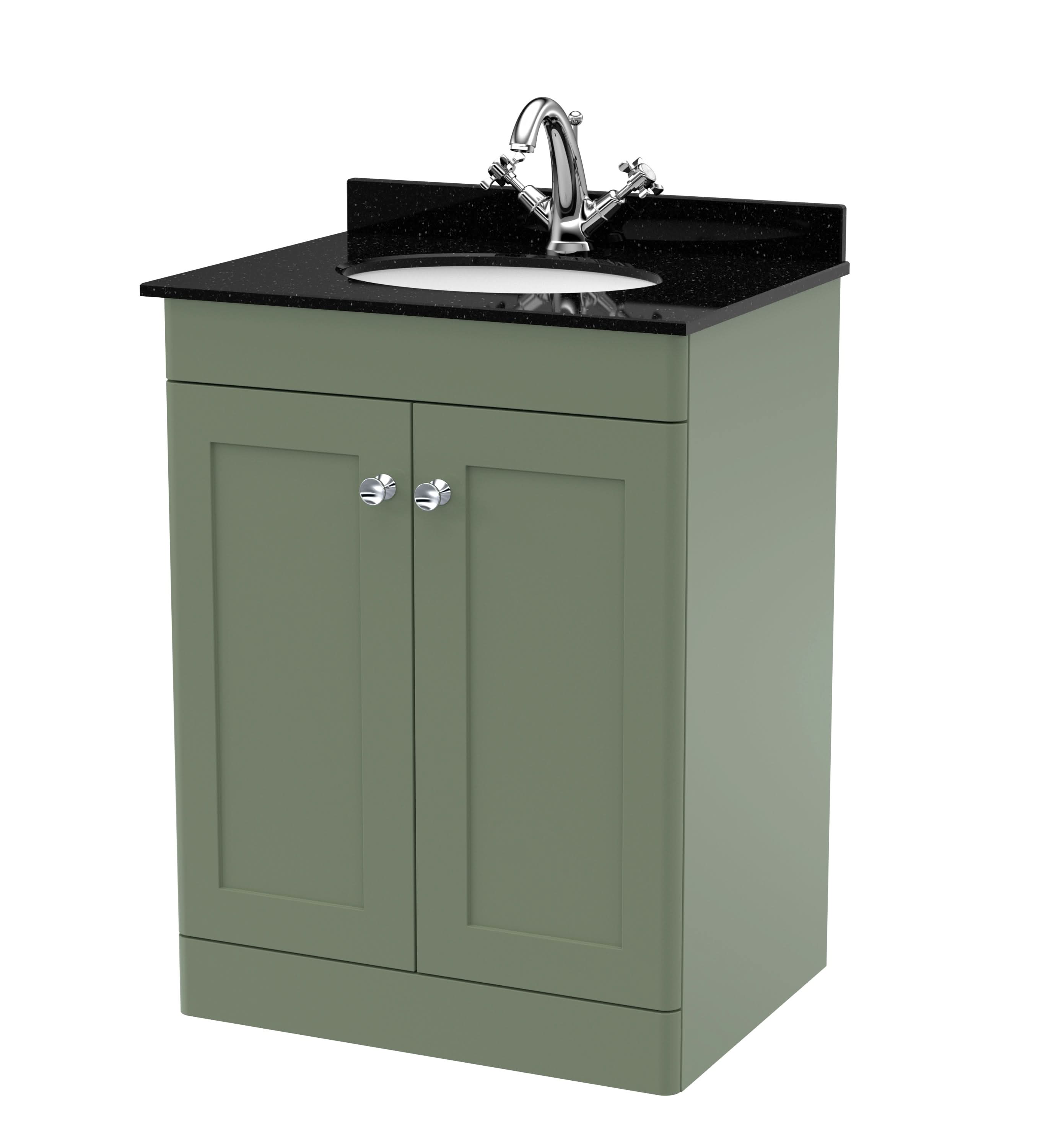 Nuie Classique Floor Standing 2 Door Vanity Unit & 1 Tap Hole Black Marble Top with Oval Basin, Contemporary Sink Vanity Unit in Satin Green with White Basin, 600mm