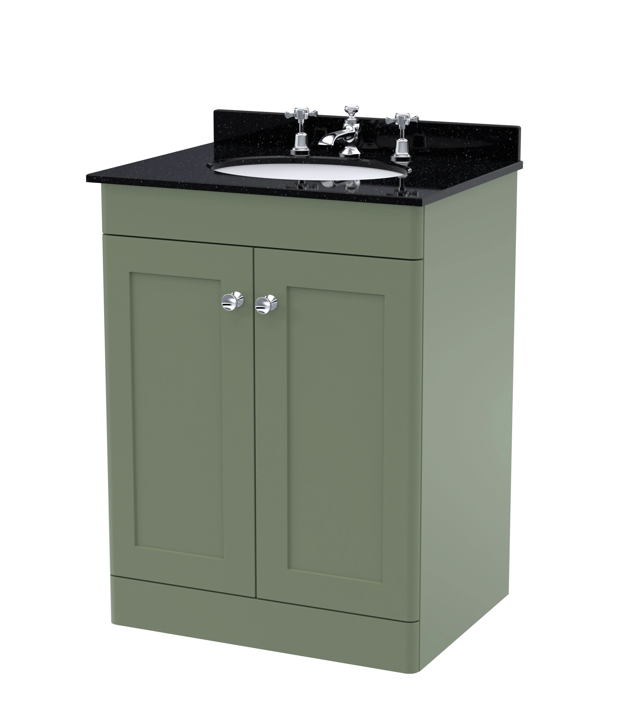 Nuie Classique Floor Standing 2 Door Vanity Unit & 3 Tap Hole Black Marble Top with Oval Basin, Contemporary Sink Vanity Unit in Satin Green with White Basin, 600mm