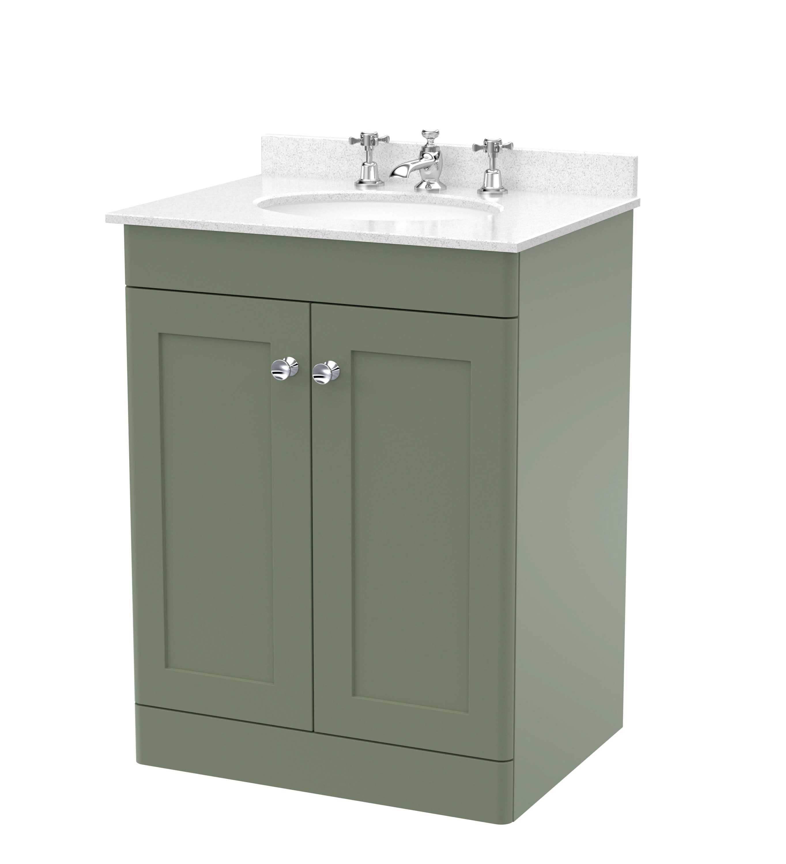 Nuie Classique Floor Standing 2 Door Vanity Unit & 3 Tap Hole Marble Top with White Oval Basin, Contemporary Sink Vanity Unit in Satin Green with White Basin, 600mm