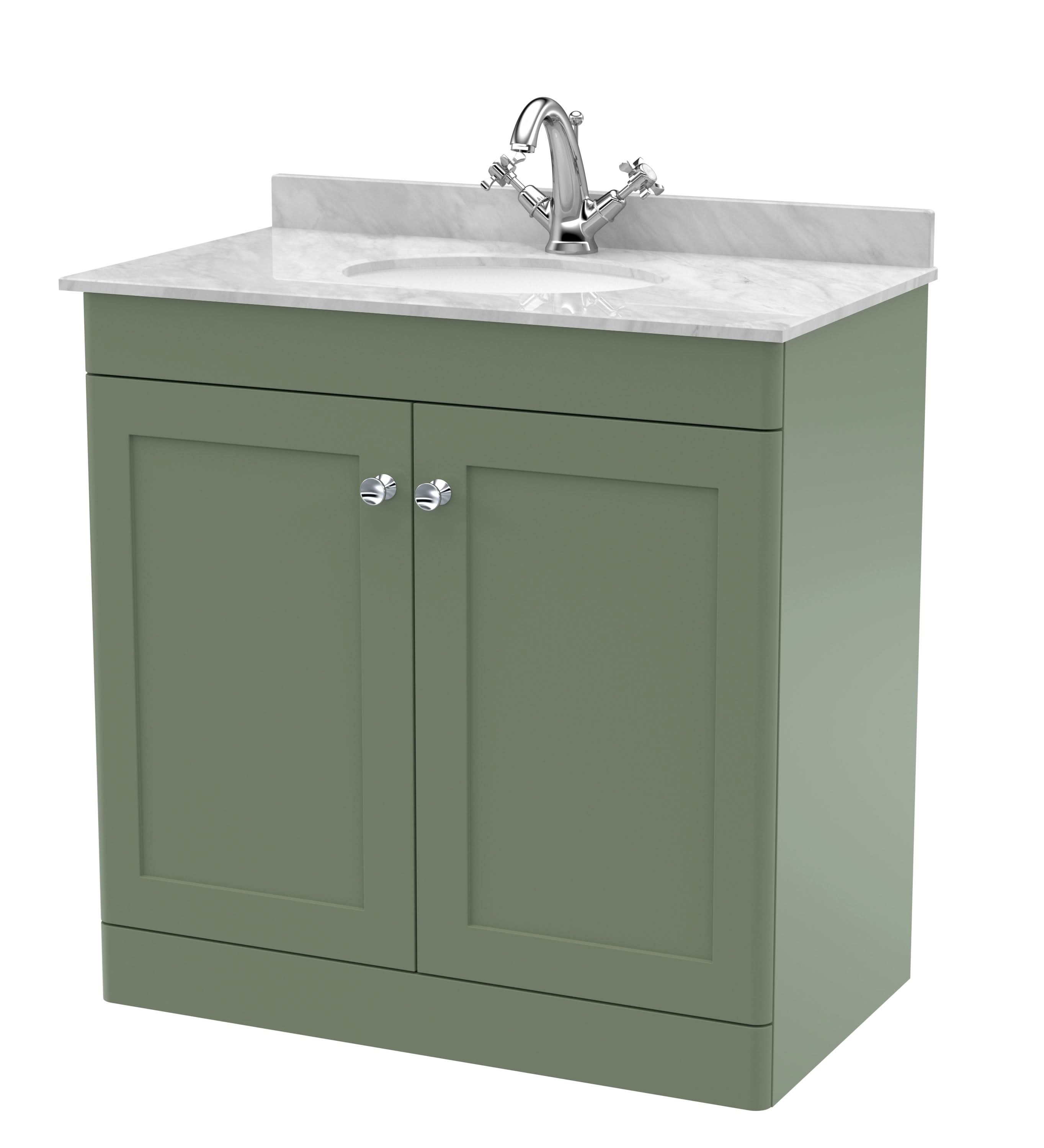 Nuie Classique Floor Standing 2 Door Vanity Unit & 1 Tap Hole Grey Marble Top with Oval Basin, Contemporary Sink Vanity Unit in Satin Green with White Basin, 800mm