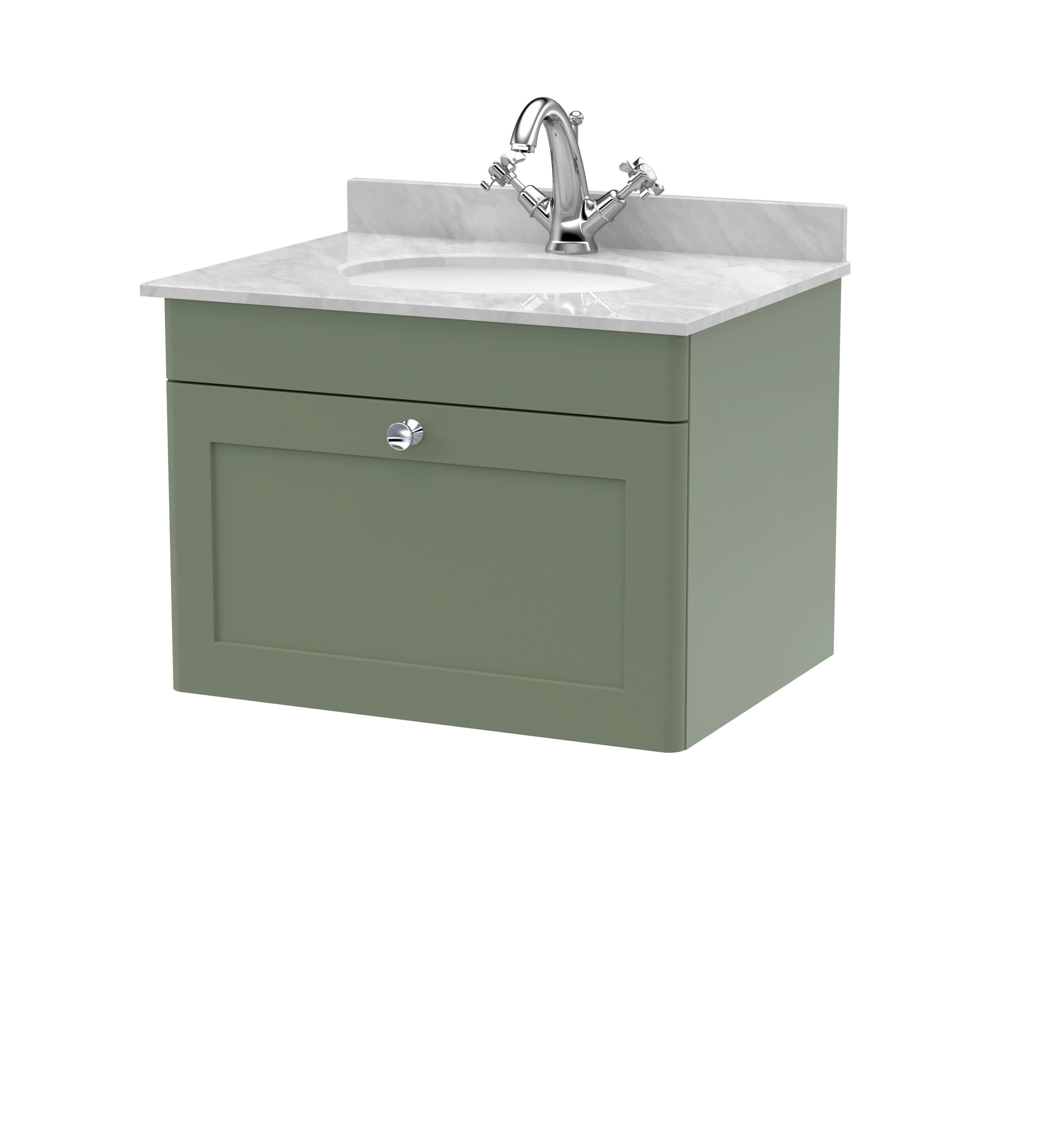 Nuie Classique Wall Hung 1 Drawer Vanity Unit & 1 Tap Hole Grey Marble Top with Oval Basin, Stylish Sink Vanity Unit in Satin Green with White Basin, 600mm