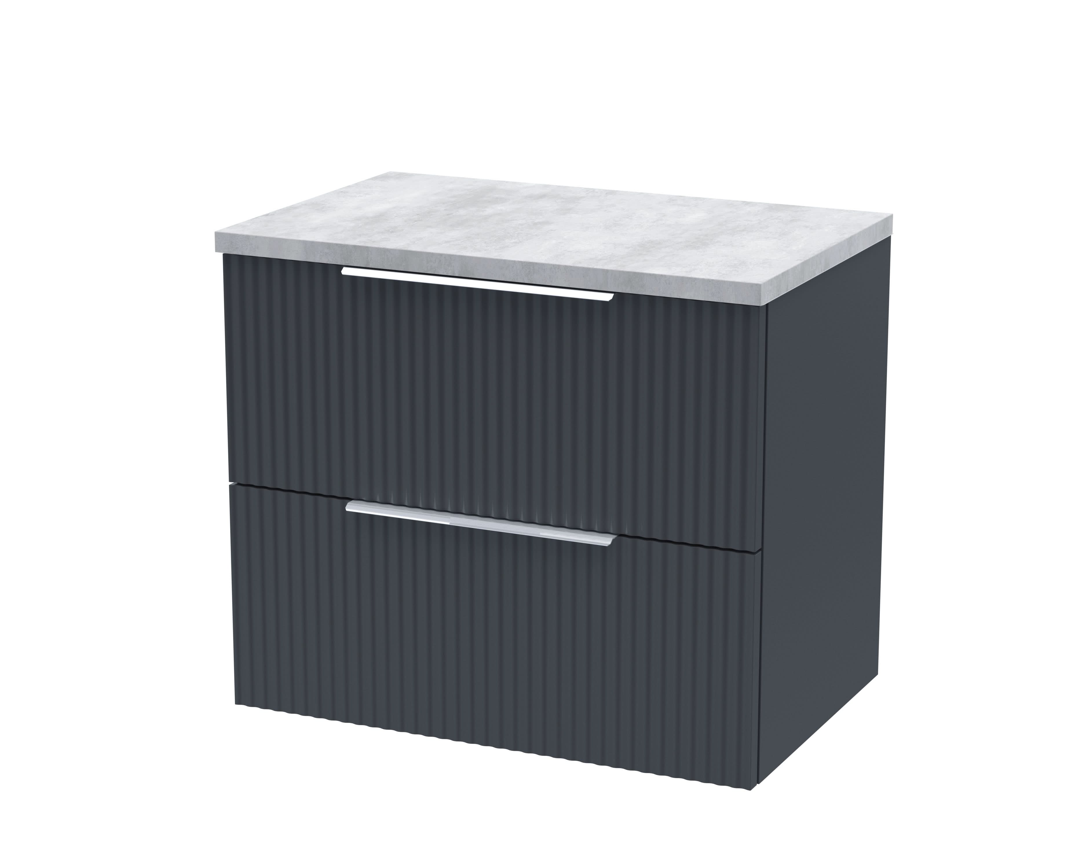 Hudson Reed Fluted Wall Hung 2-Drawer Vanity Unit & Bellato Grey Laminate Worktop, Sleek Counter Top Vanity Unit in Soft Black, 600mm