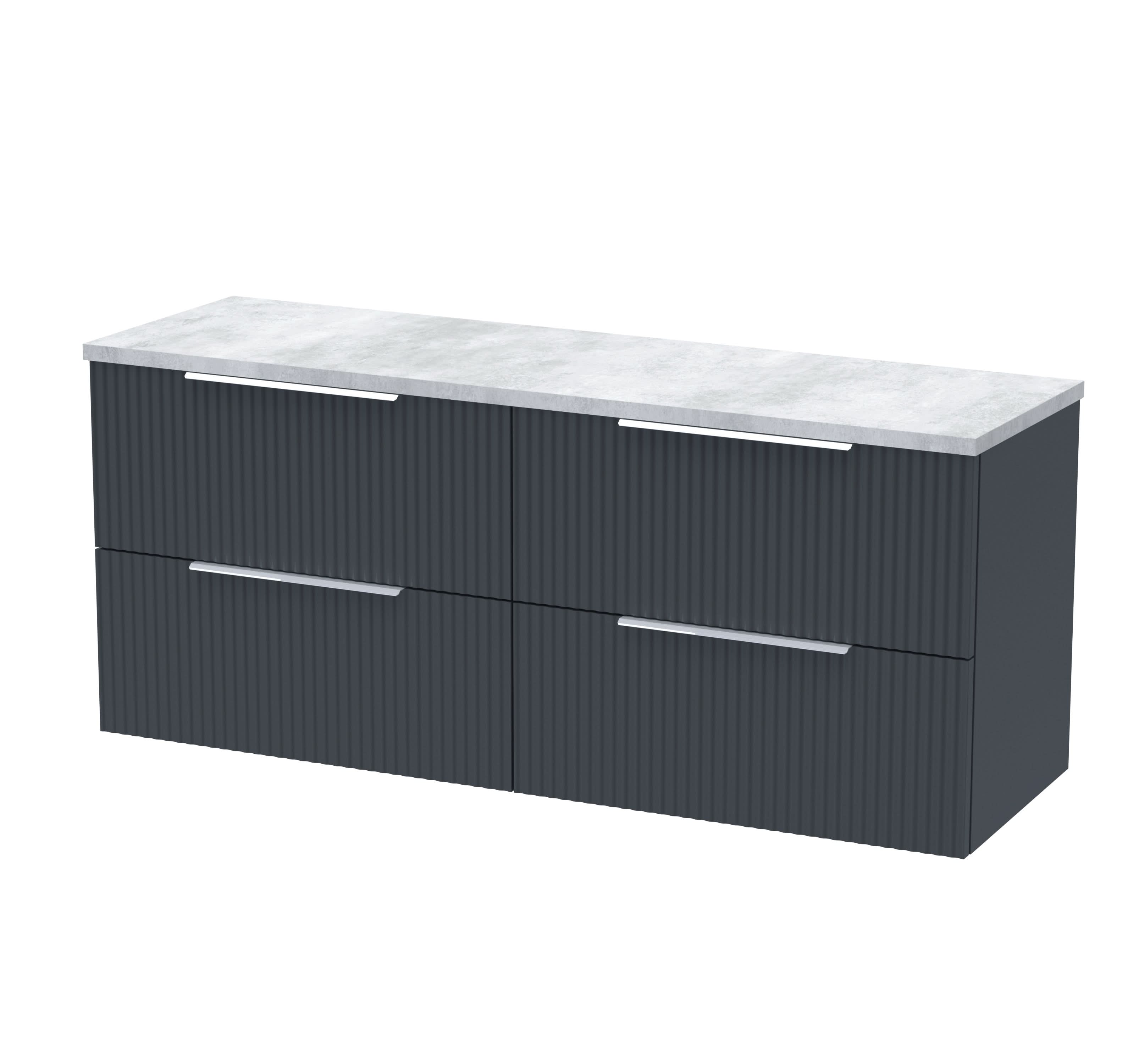Hudson Reed Fluted Wall Hung 4-Drawer Vanity Unit & Bellato Grey Laminate Worktop, Sleek Counter Top Vanity Unit in Soft Black, 1200mm