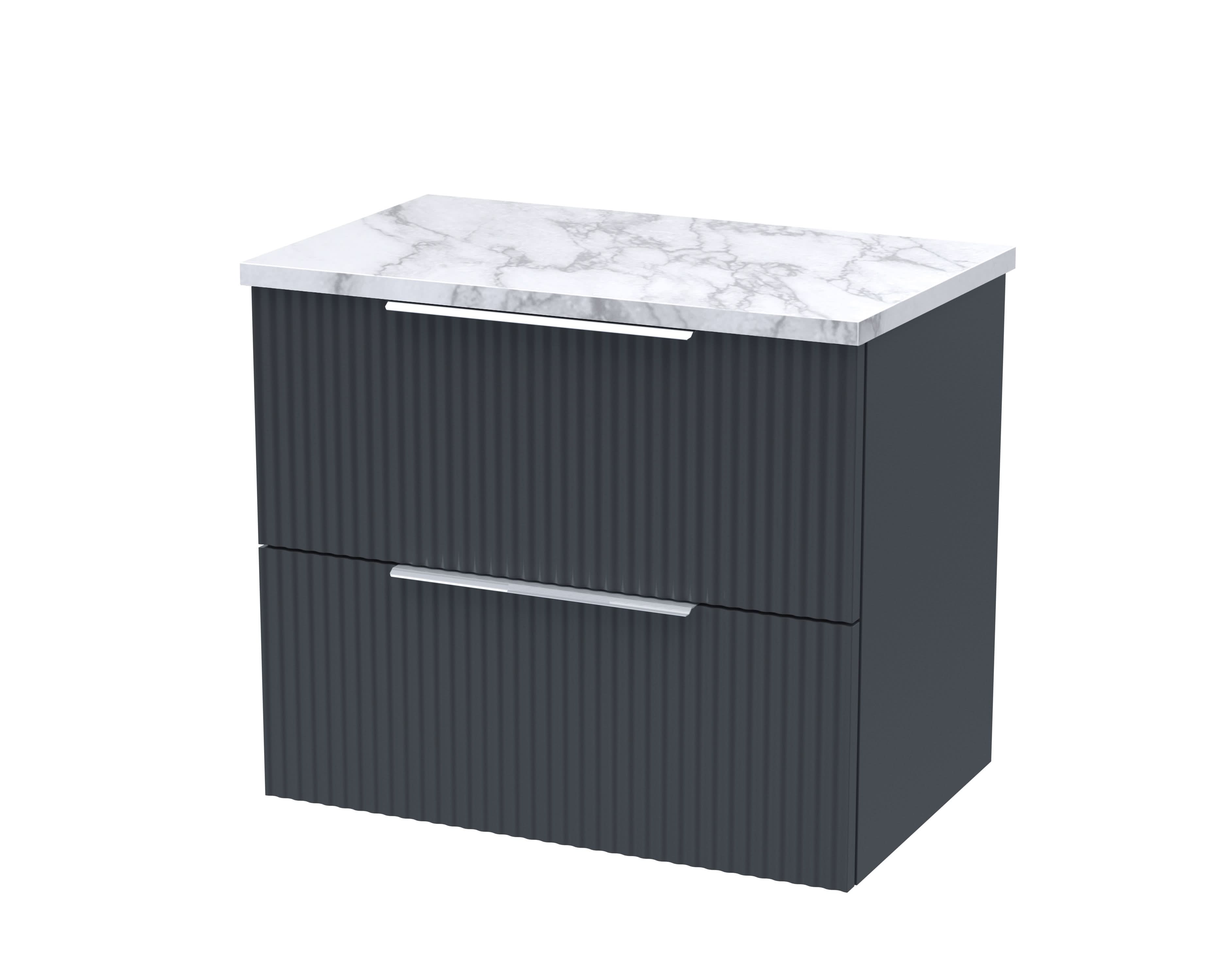 Hudson Reed Fluted Wall Hung 2-Drawer Vanity Unit & Carrera Marble Laminate Worktop, Sleek Counter Top Vanity Unit in Soft Black, 600mm