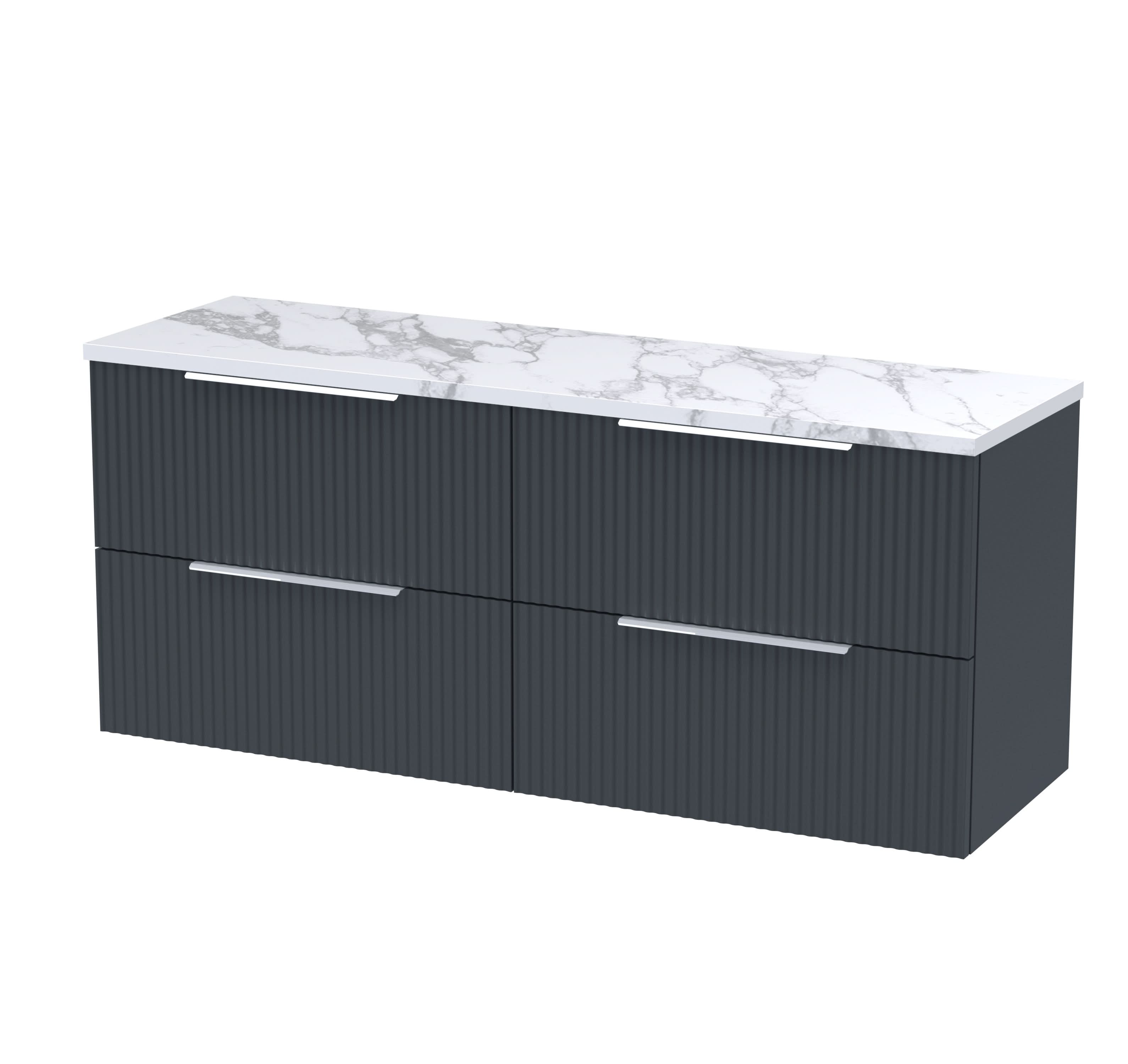 Hudson Reed Fluted Wall Hung 4-Drawer Vanity Unit & Carrera Marble Laminate Worktop, Sleek Counter Top Vanity Unit in Soft Black, 1200mm