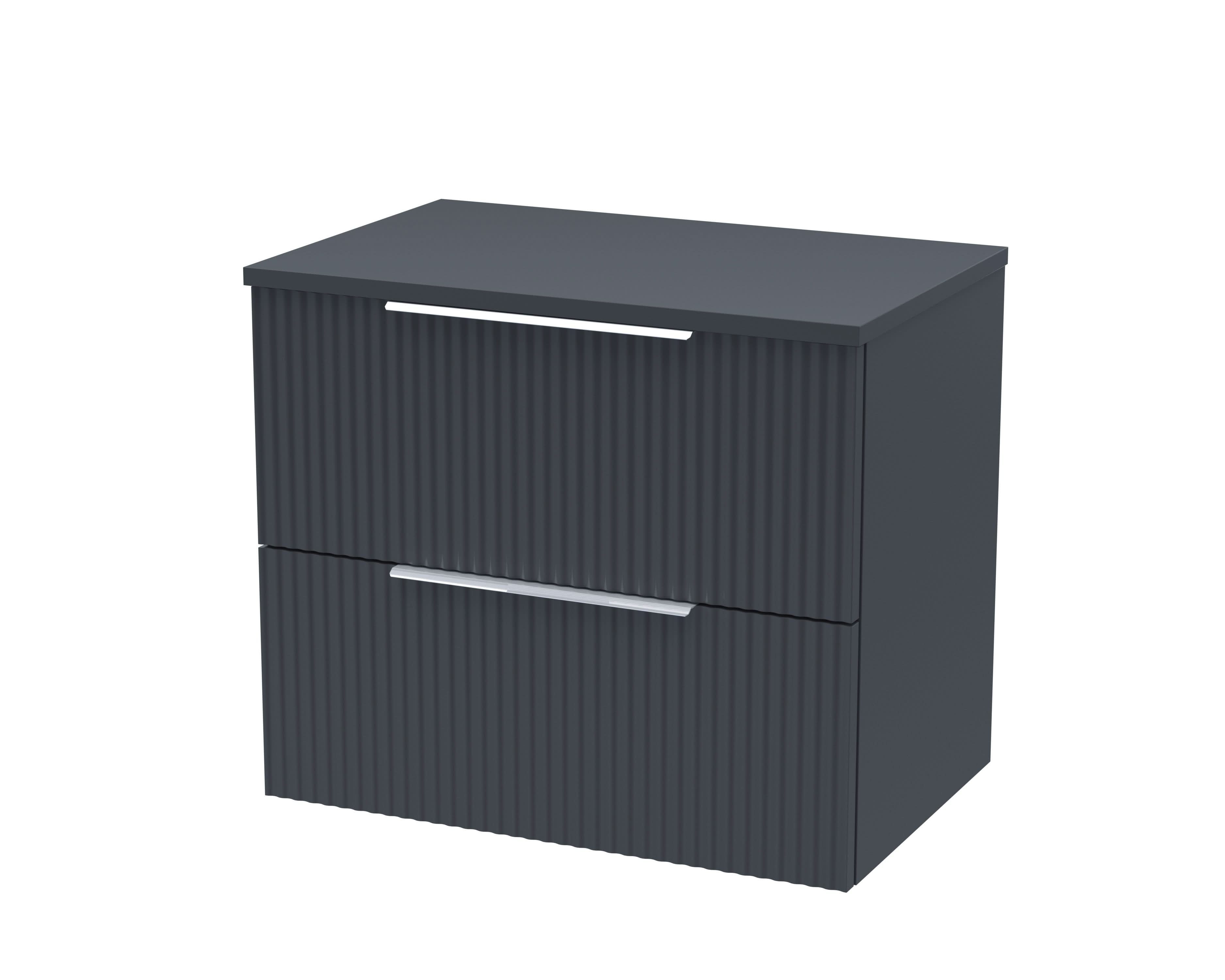 Hudson Reed Fluted Wall Hung 2-Drawer Vanity Unit & Black Laminate Worktop, Sleek Counter Top Vanity Unit in Soft Black, 600mm