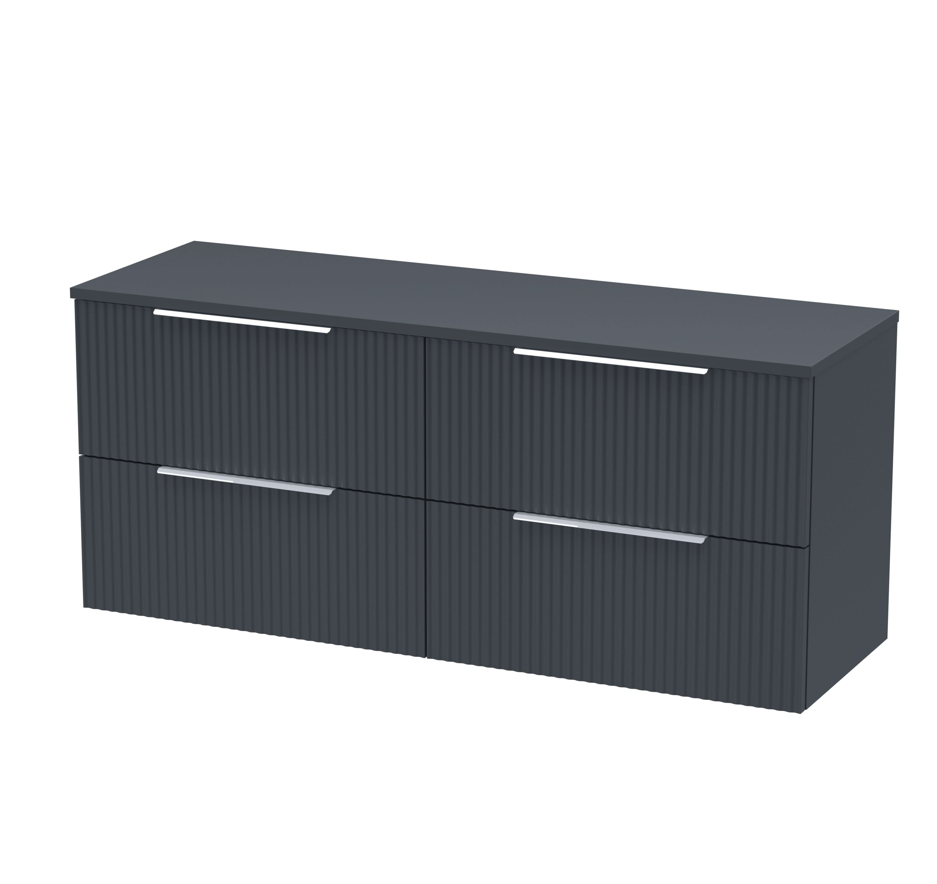 Hudson Reed Fluted Wall Hung 4-Drawer Vanity Unit & Black Laminate Worktop, Sleek Counter Top Vanity Unit in Soft Black, 1200mm