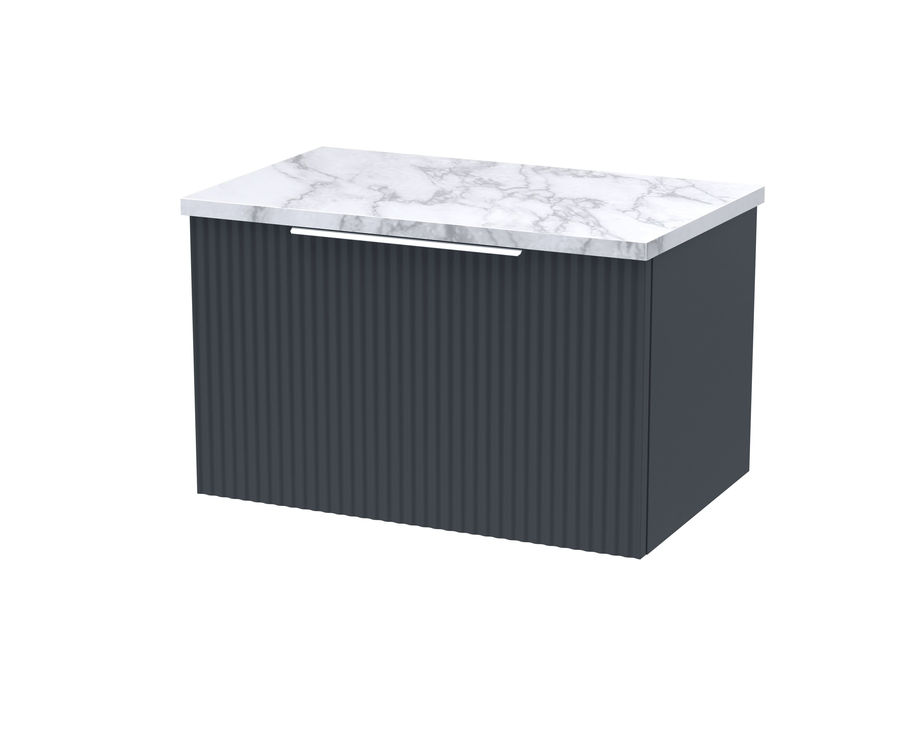 Hudson Reed Fluted Wall Hung 1-Drawer Vanity Unit & Carrera Marble Laminate Worktop, Counter Top Vanity Unit in Soft Black, 600mm