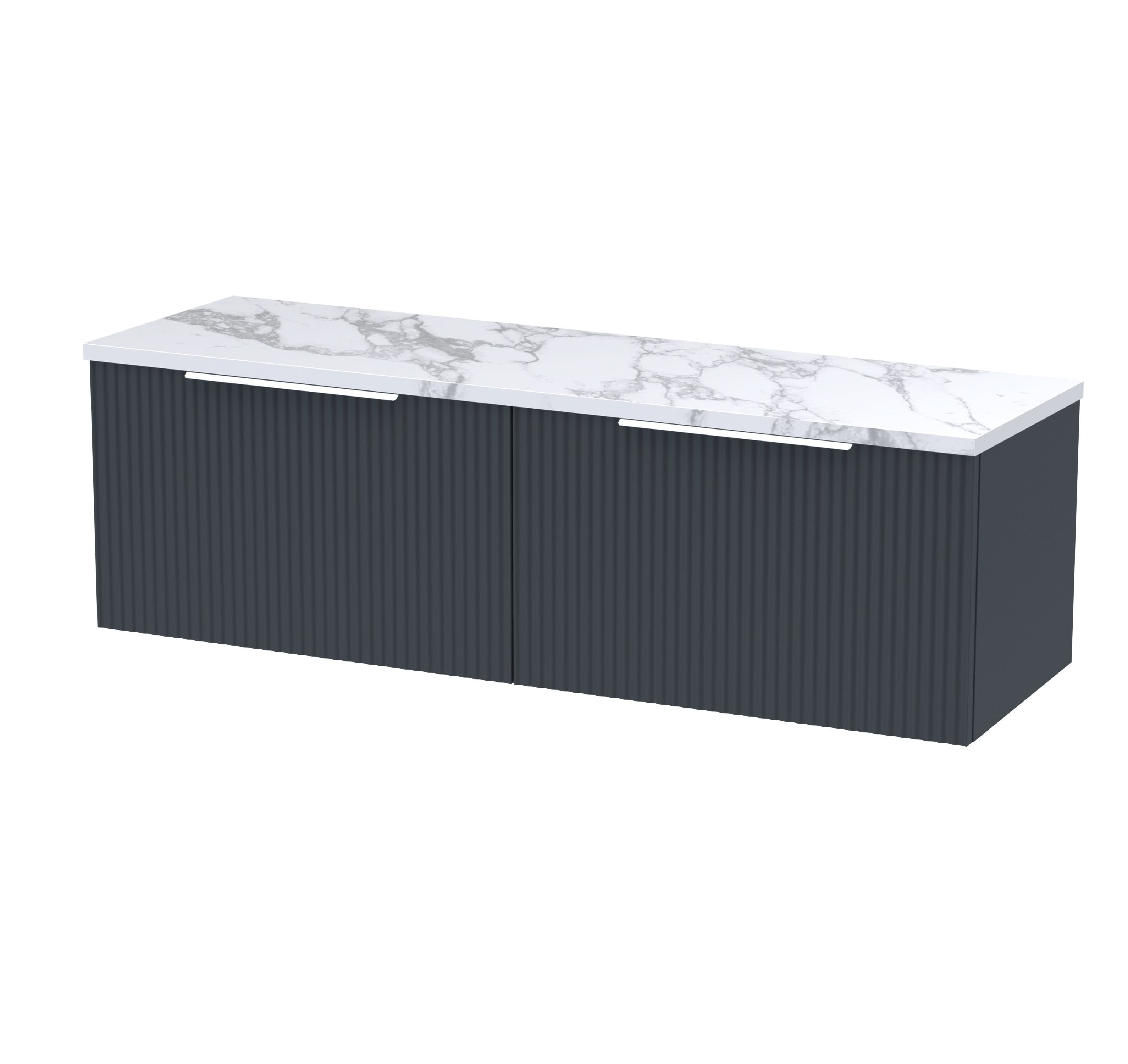 Hudson Reed Fluted Wall Hung 2-Drawer Vanity Unit & Carrera Marble Laminate Worktop, Counter Top Vanity Unit in Soft Black, 1200mm