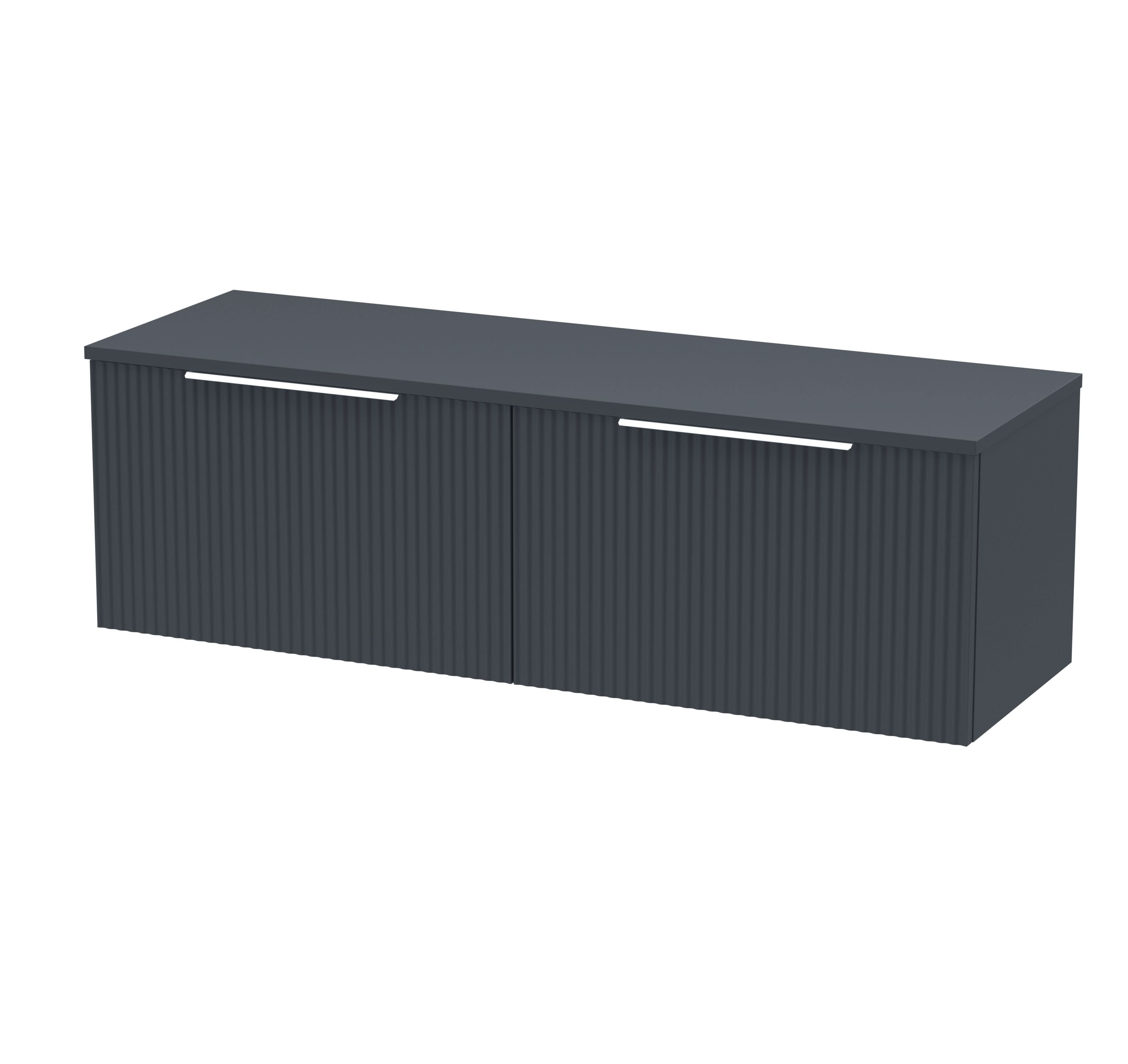 Hudson Reed Fluted Wall Hung 2-Drawer Vanity Unit & Black Laminate Worktop, Sleek Counter Top Vanity Unit in Soft Black, 1200mm