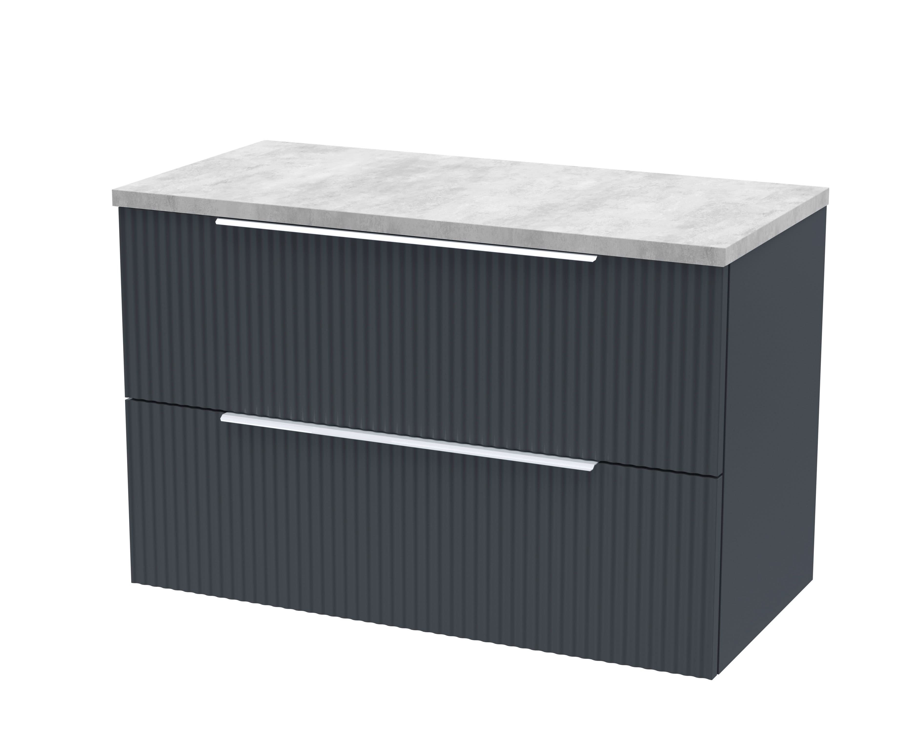 Hudson Reed Fluted Wall Hung 2-Drawer Vanity Unit & Bellato Grey Laminate Worktop, Counter Top Vanity Unit in Soft Black, 800mm