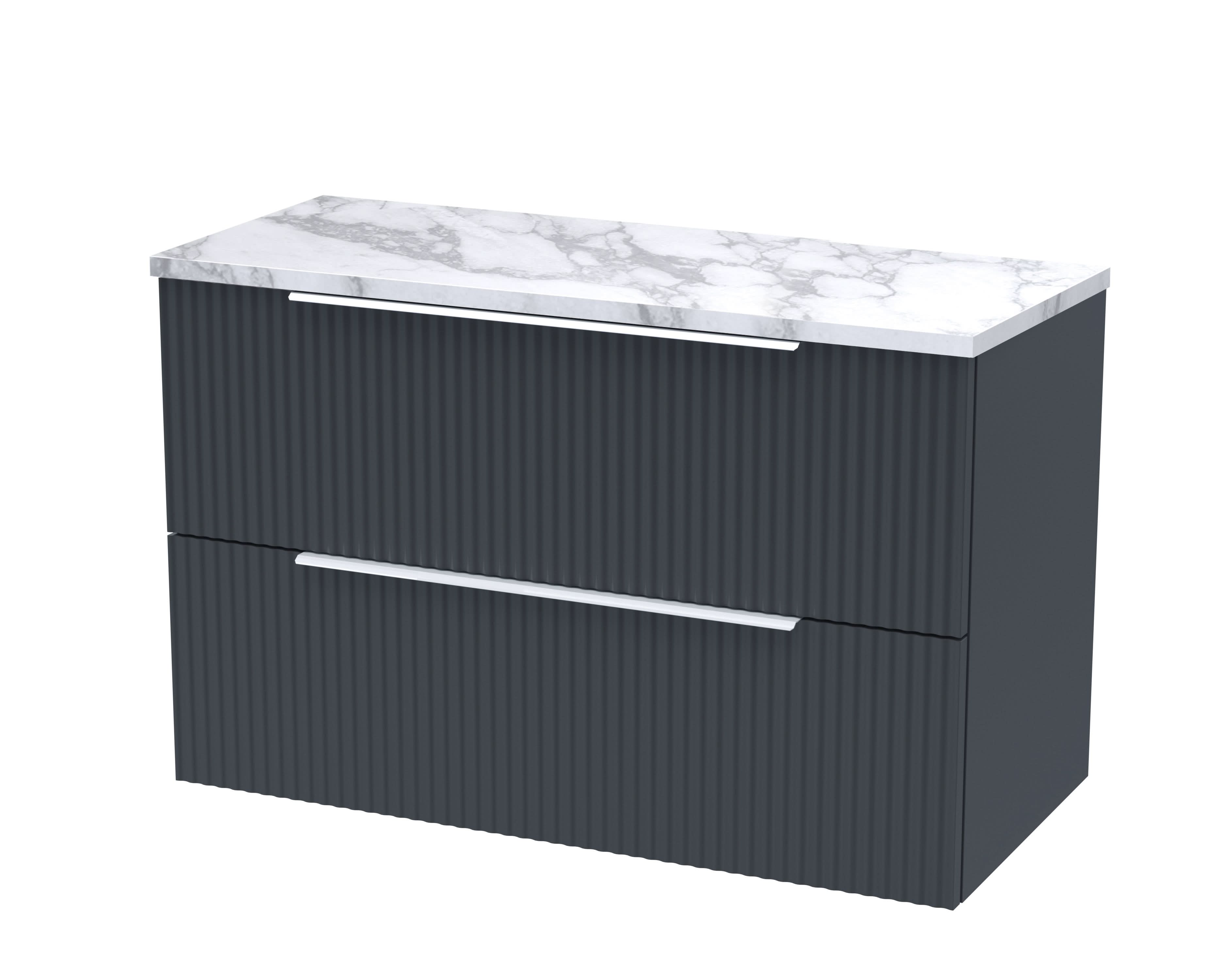 Hudson Reed Fluted Wall Hung 2-Drawer Vanity Unit & Carrera Marble Laminate Worktop, Counter Top Vanity Unit in Soft Black, 800mm