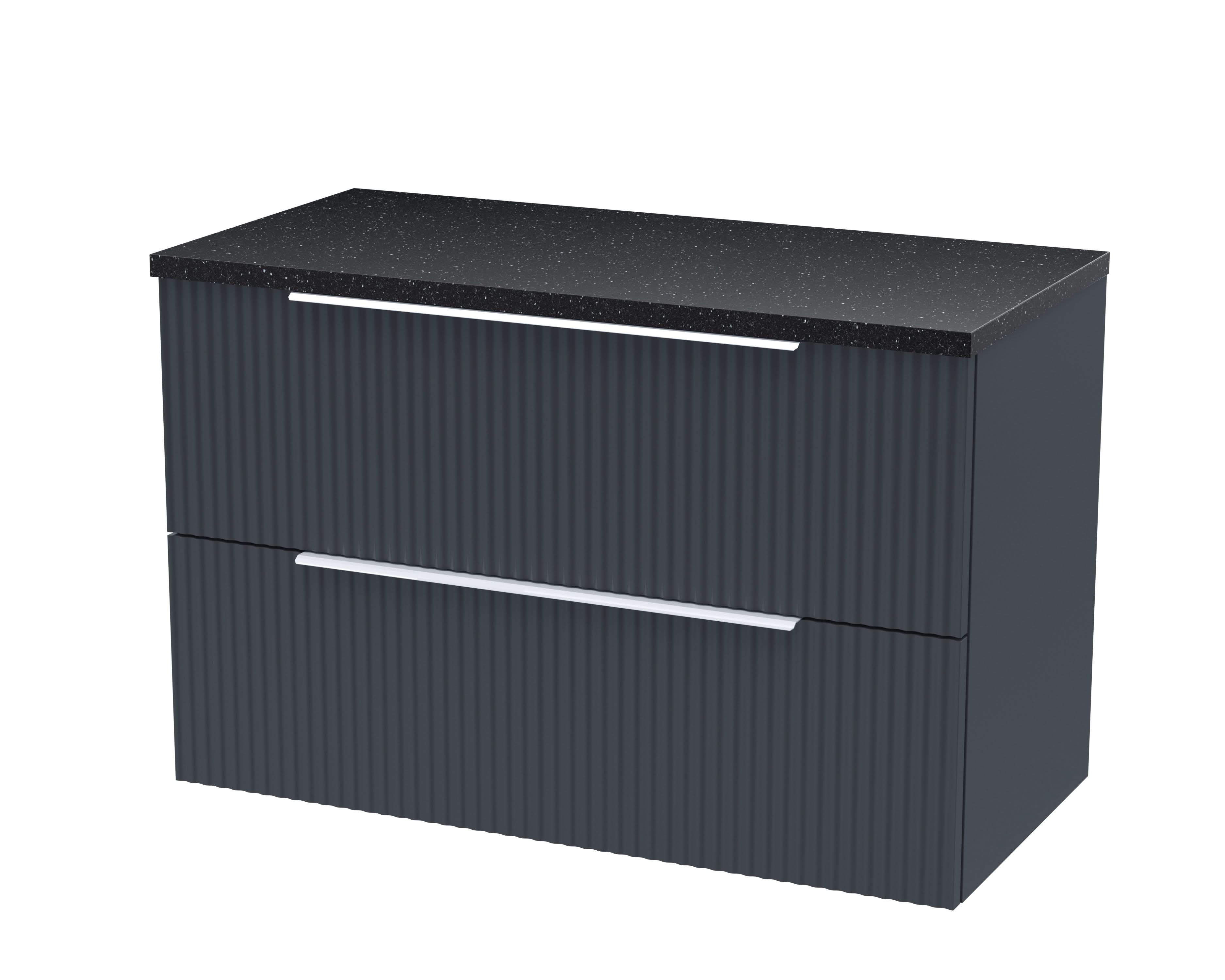 Hudson Reed Fluted Wall Hung 2-Drawer Vanity Unit & Black Laminate Worktop, Sleek Counter Top Vanity Unit in Soft Black, 800mm