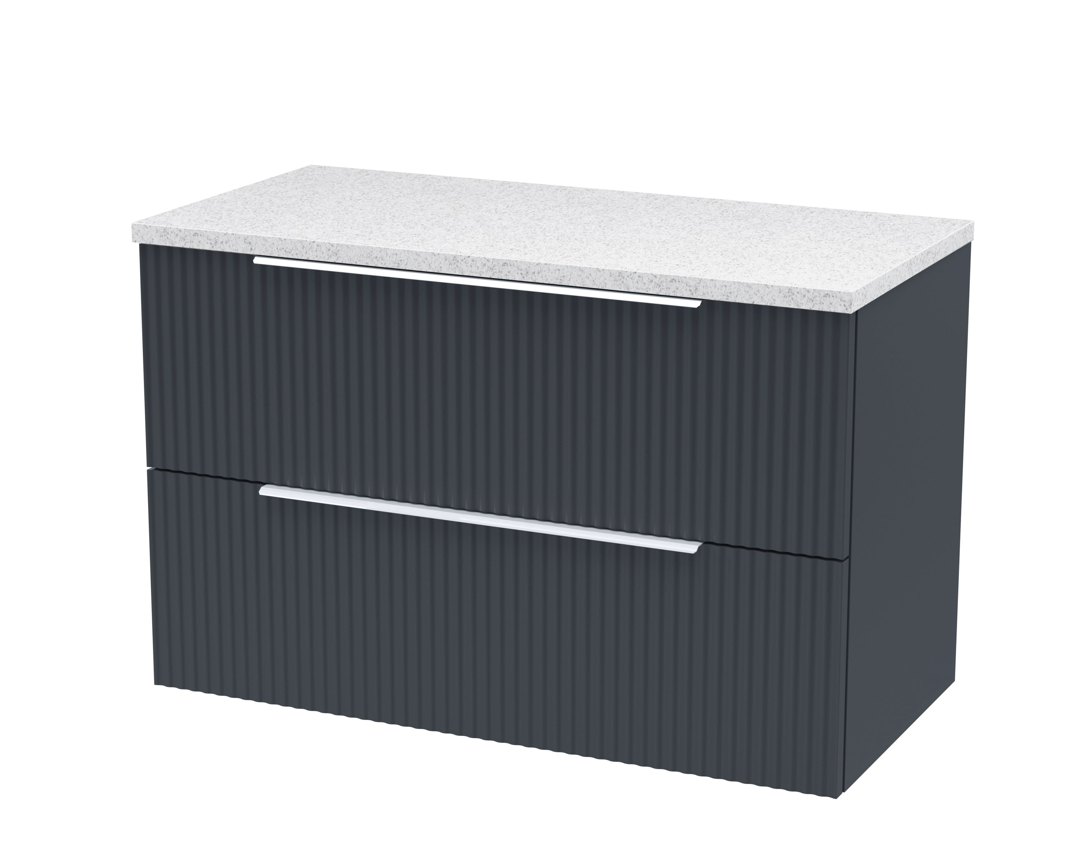 Hudson Reed Fluted Wall Hung 2-Drawer Vanity Unit & Sparkling White Laminate Worktop, Counter Top Vanity Unit in Soft Black, 800mm