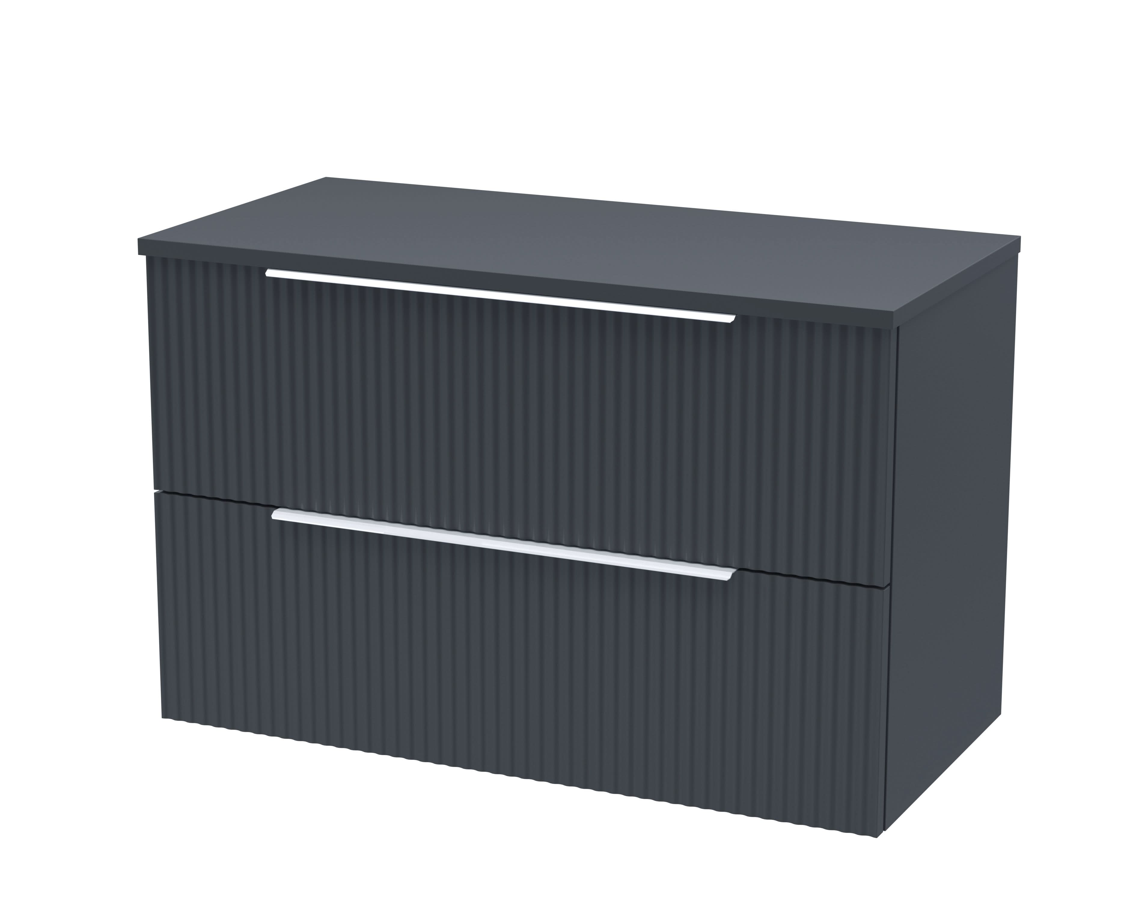 Nuie Fluted Wall Hung 2-Drawer Vanity Unit & Black Laminate Worktop, Sleek Counter Top Vanity Unit in Soft Black, 800mm
