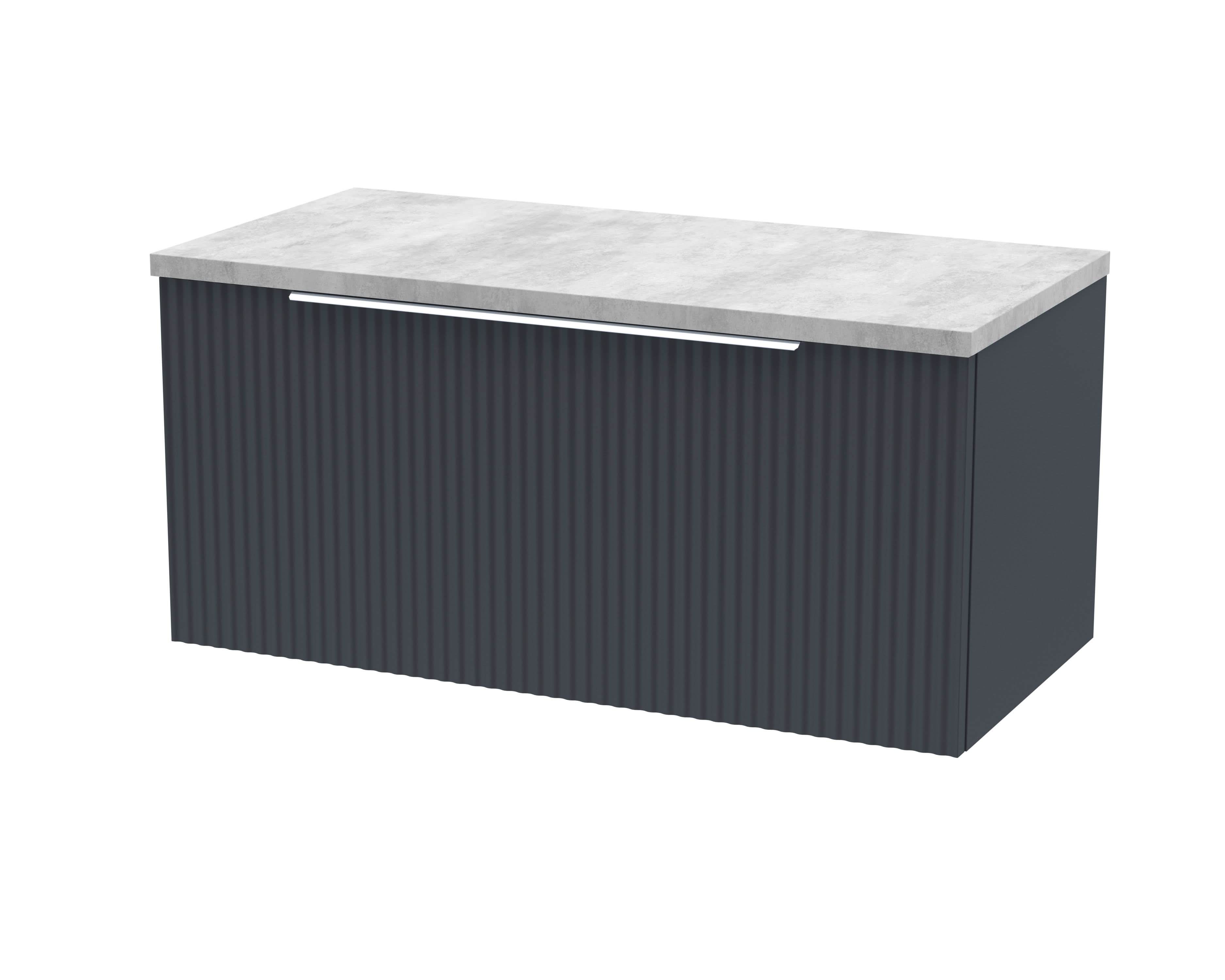 Hudson Reed Fluted Wall Hung 1-Drawer Vanity Unit & Bellato Grey Laminate Worktop, Counter Top Vanity Unit in Soft Black, 800mm