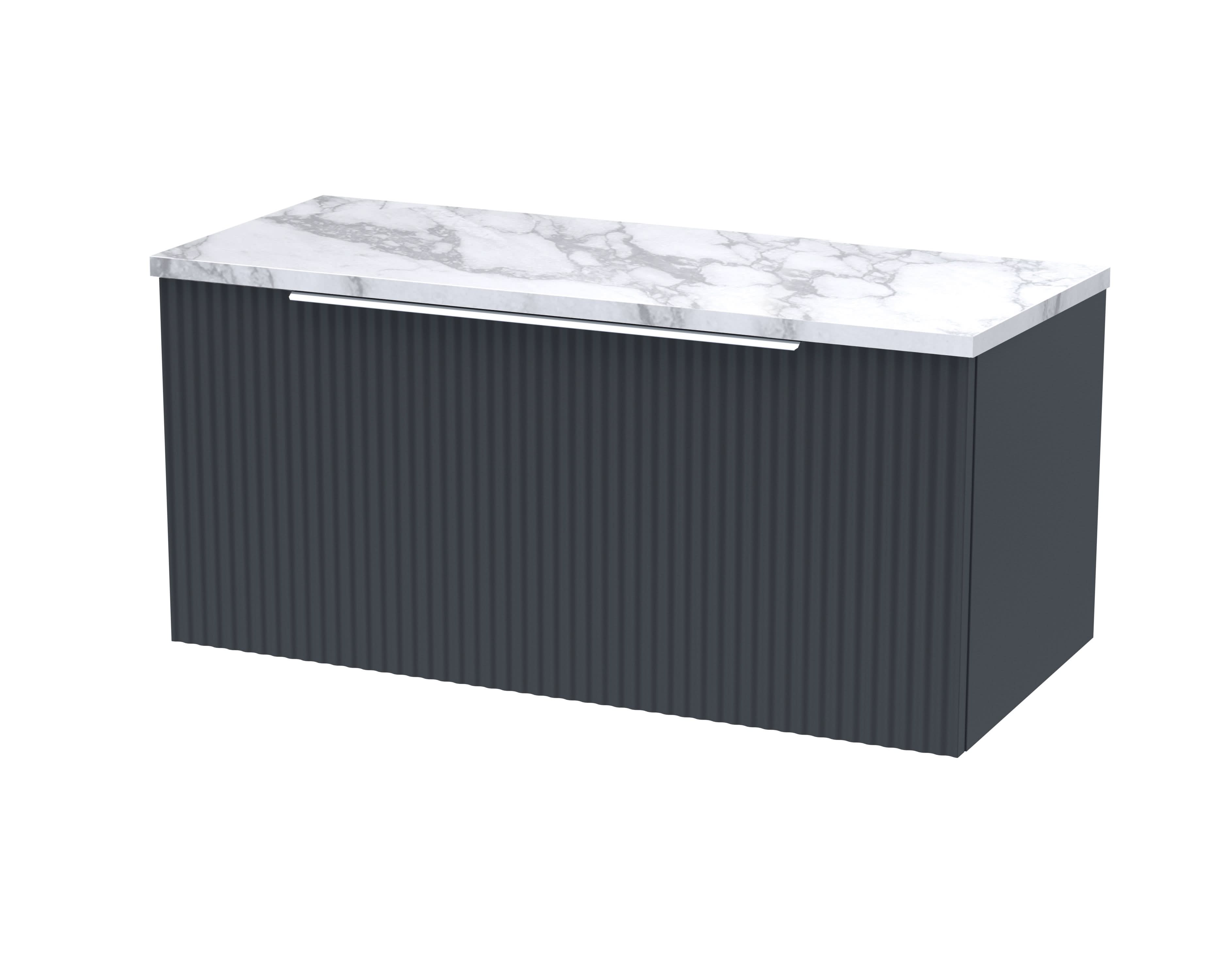 Hudson Reed Fluted Wall Hung 1-Drawer Vanity Unit & Carrera Marble Laminate Worktop, Counter Top Vanity Unit in Soft Black, 800mm