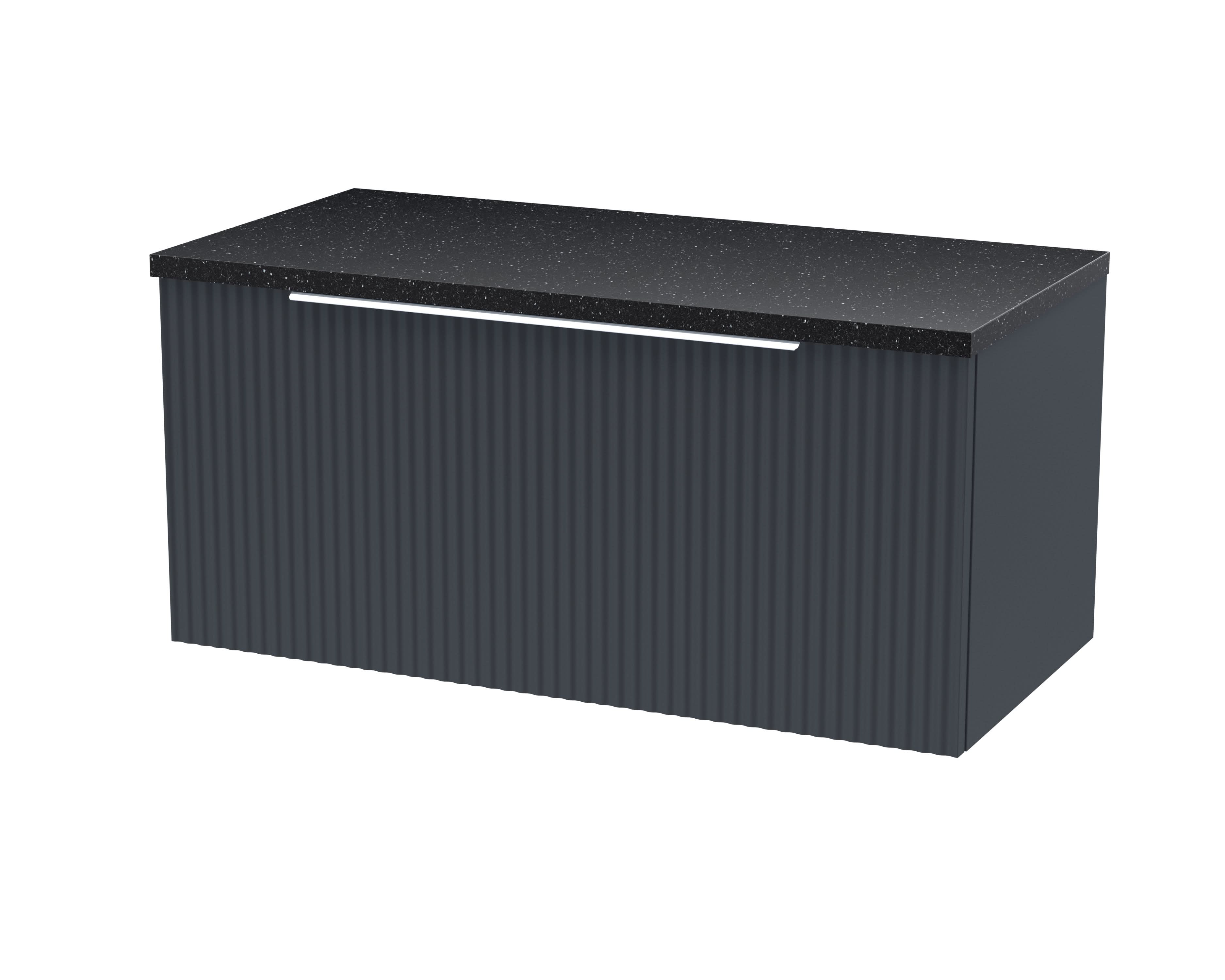 Hudson Reed Fluted Wall Hung 1-Drawer Vanity Unit & Black Laminate Worktop, Sleek Counter Top Vanity Unit in Soft Black, 800mm