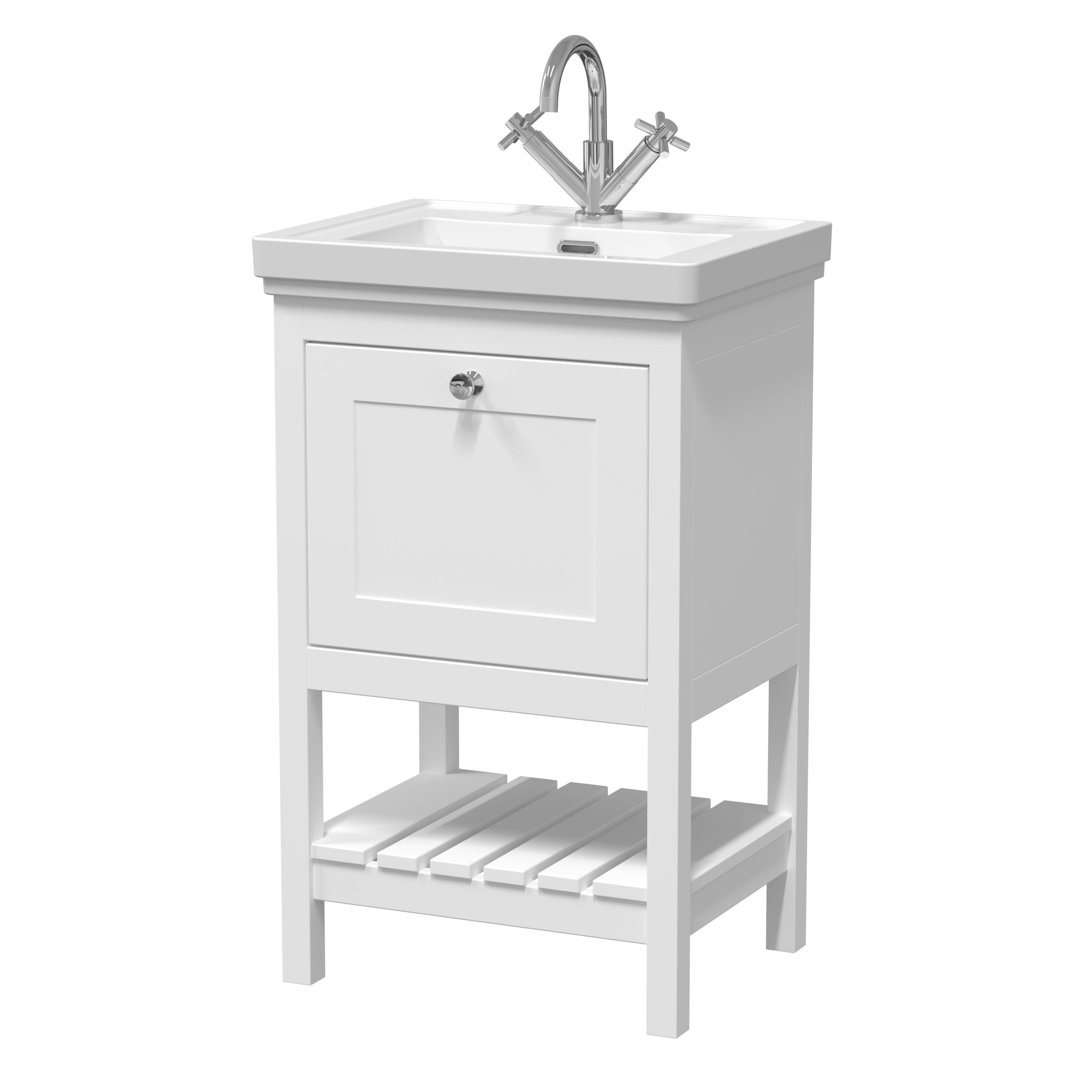 Old London Bexley Floor Standing 1 Drawer Vanity & 1 Tap Hole Fireclay Basin, Stylish Vanity Unit with Basin, Pure White, 500mm
