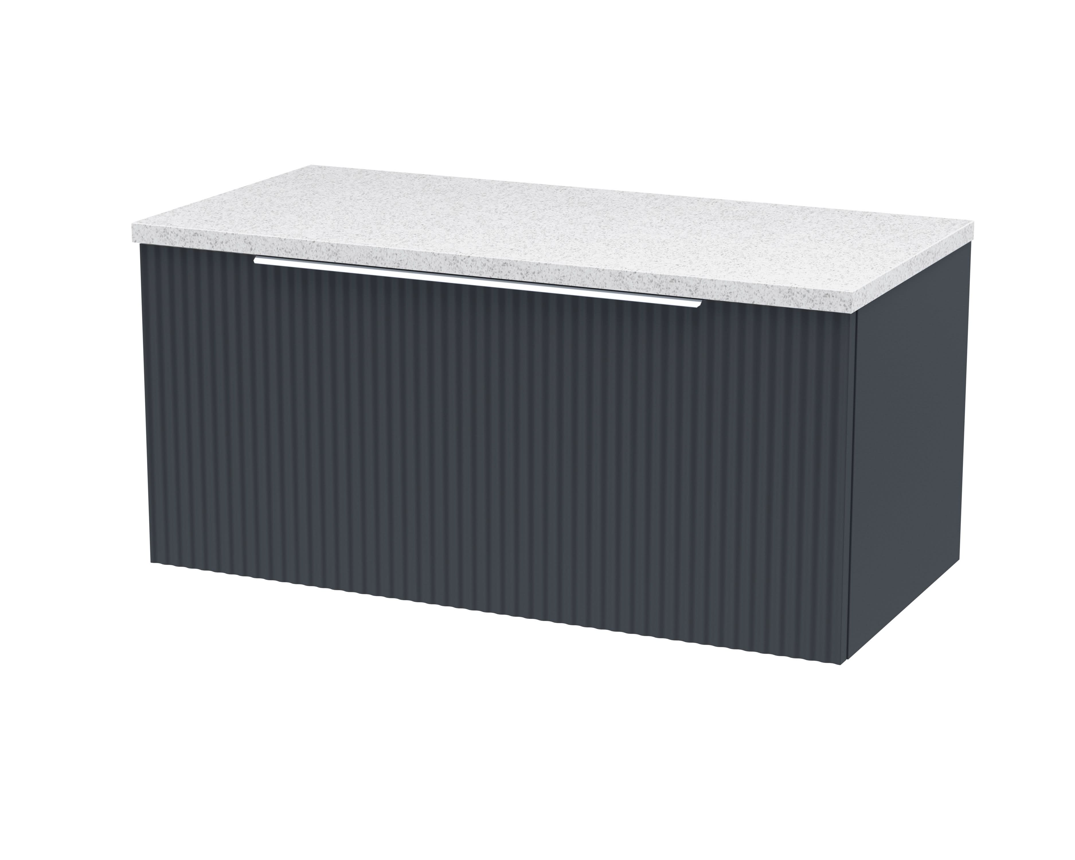 Hudson Reed Fluted Wall Hung 1-Drawer Vanity Unit & Sparkling White Laminate Worktop, Counter Top Vanity Unit in Soft Black, 800mm