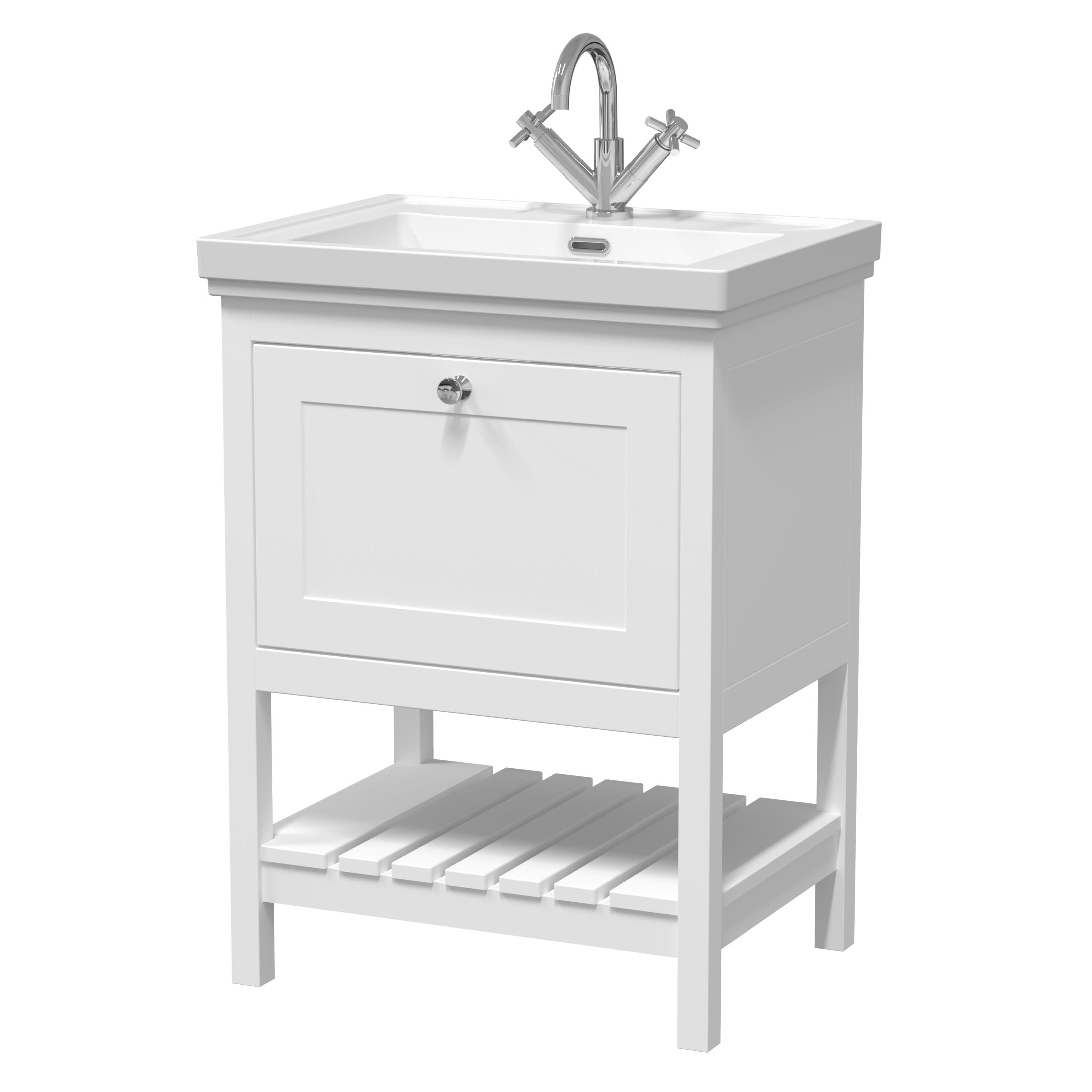 Old London Bexley Floor Standing 1 Drawer Vanity & 1 Tap Hole Fireclay Basin, Stylish Vanity Unit with Basin, Pure White, 600mm