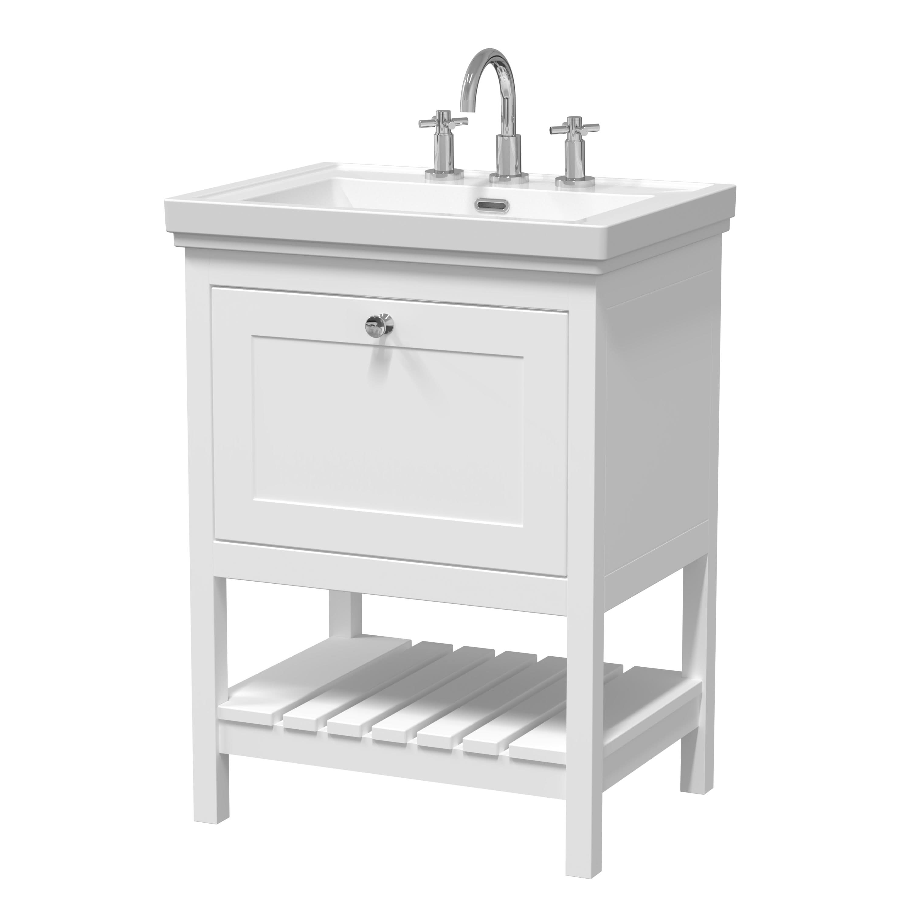 Old London Bexley Floor Standing 1 Drawer Vanity & 3 Tap Hole Fireclay Basin, Stylish Vanity Unit with Basin, Pure White, 600mm