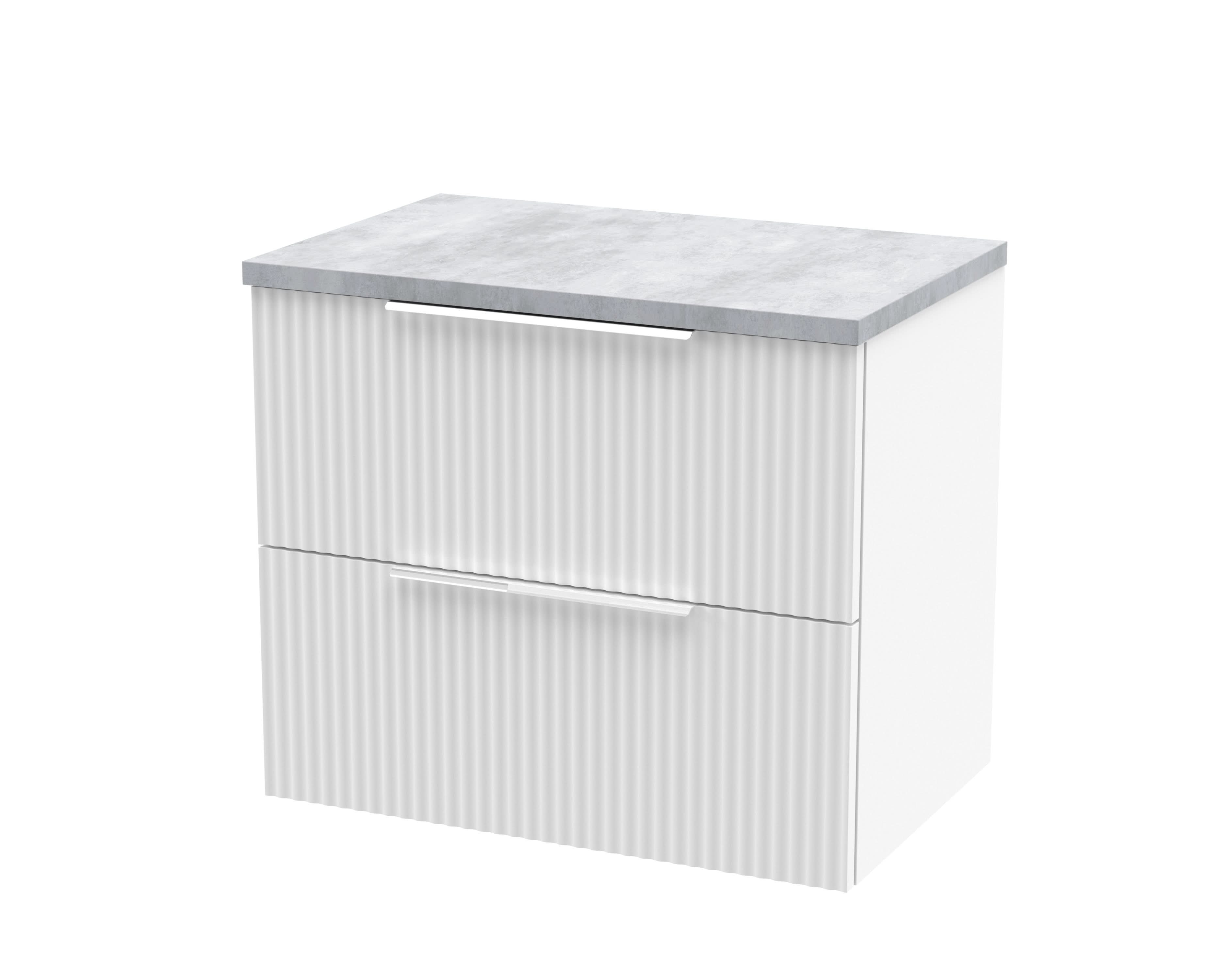 Hudson Reed Fluted Wall Hung 2-Drawer Vanity Unit & Bellato Grey Laminate Worktop, Counter Top Vanity Unit in Satin White, 600mm