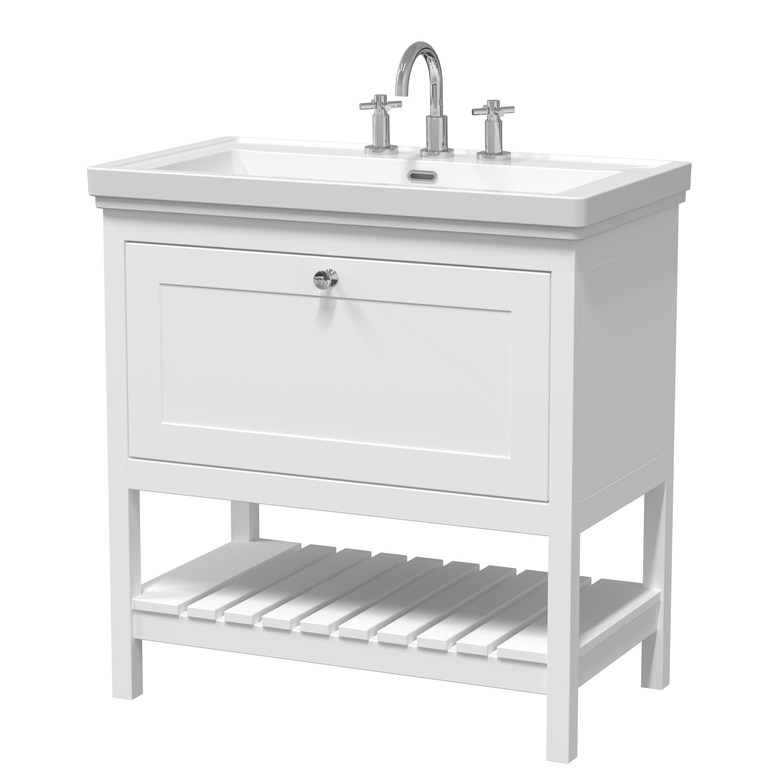 Old London Bexley Floor Standing 1 Drawer Vanity & 3 Tap Hole Fireclay Basin, Stylish Vanity Unit with Basin, Pure White, 800mm