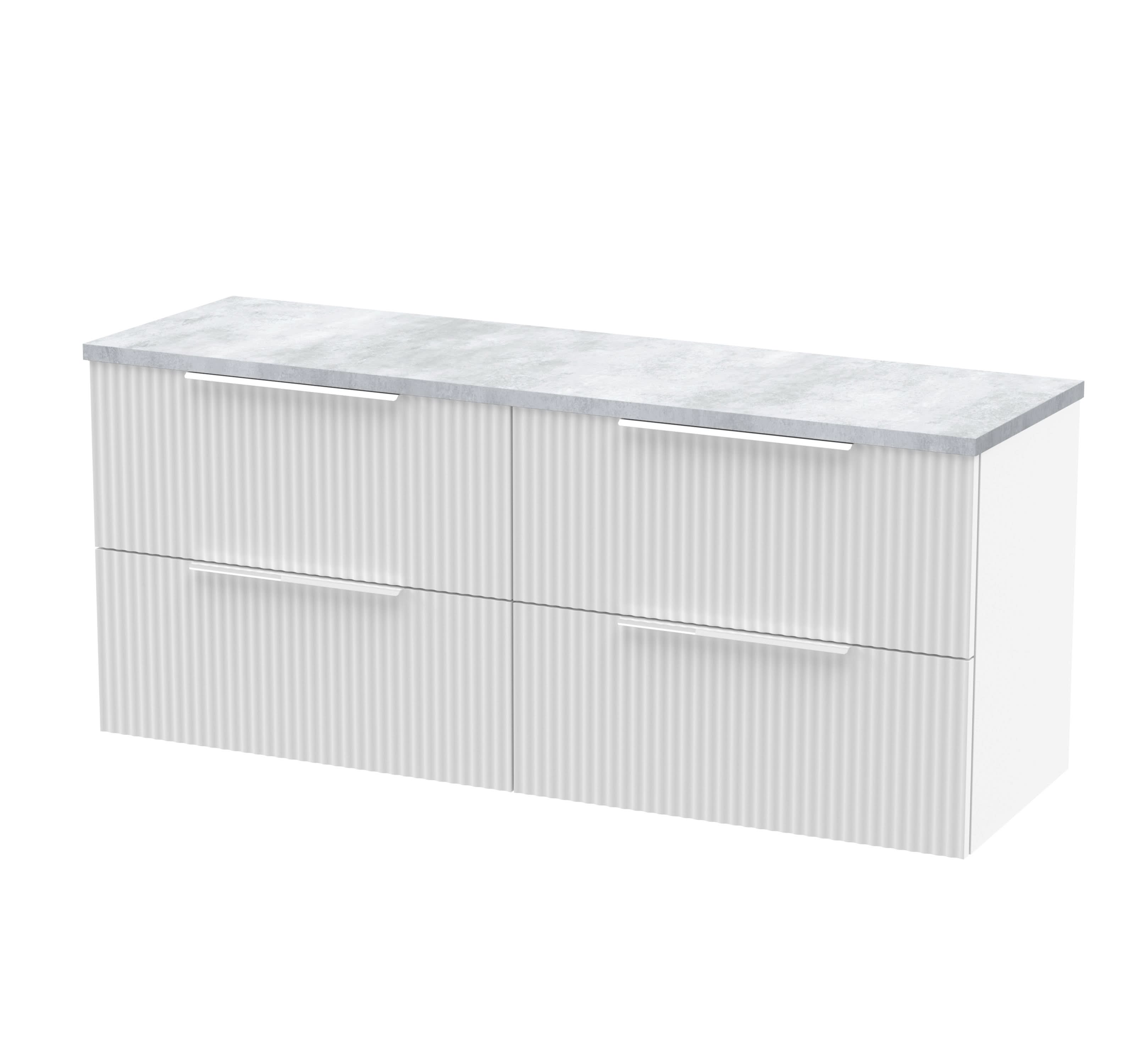 Hudson Reed Fluted Wall Hung 4-Drawer Vanity Unit & Bellato Grey Laminate Worktop, Counter Top Vanity Unit in Satin White, 1200mm