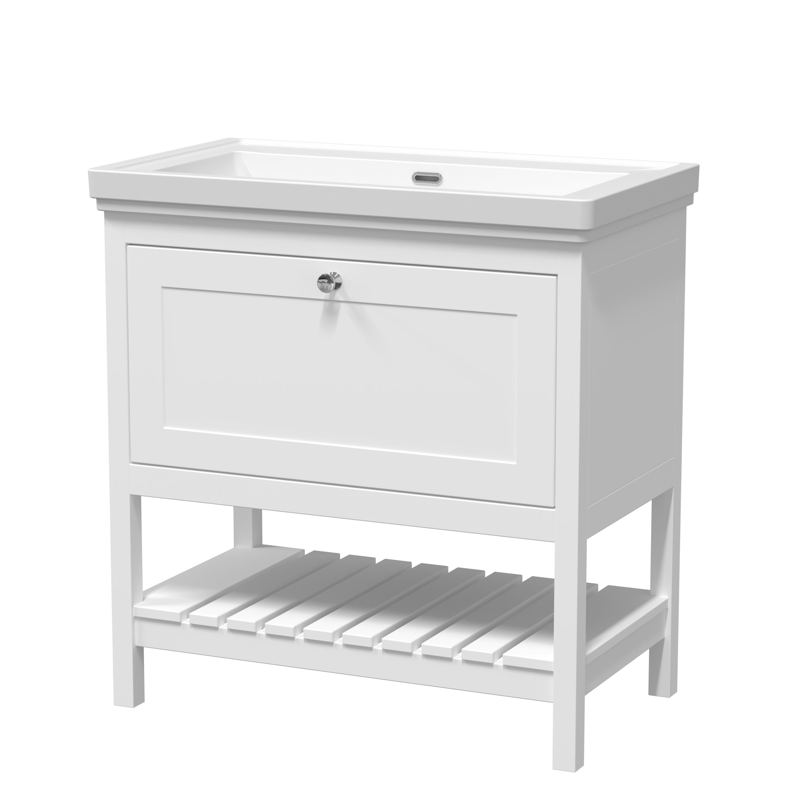 Old London Bexley Floor Standing 1 Drawer Vanity without Tap Hole Fireclay Basin, Stylish Vanity Unit with Basin, Pure White, 800mm