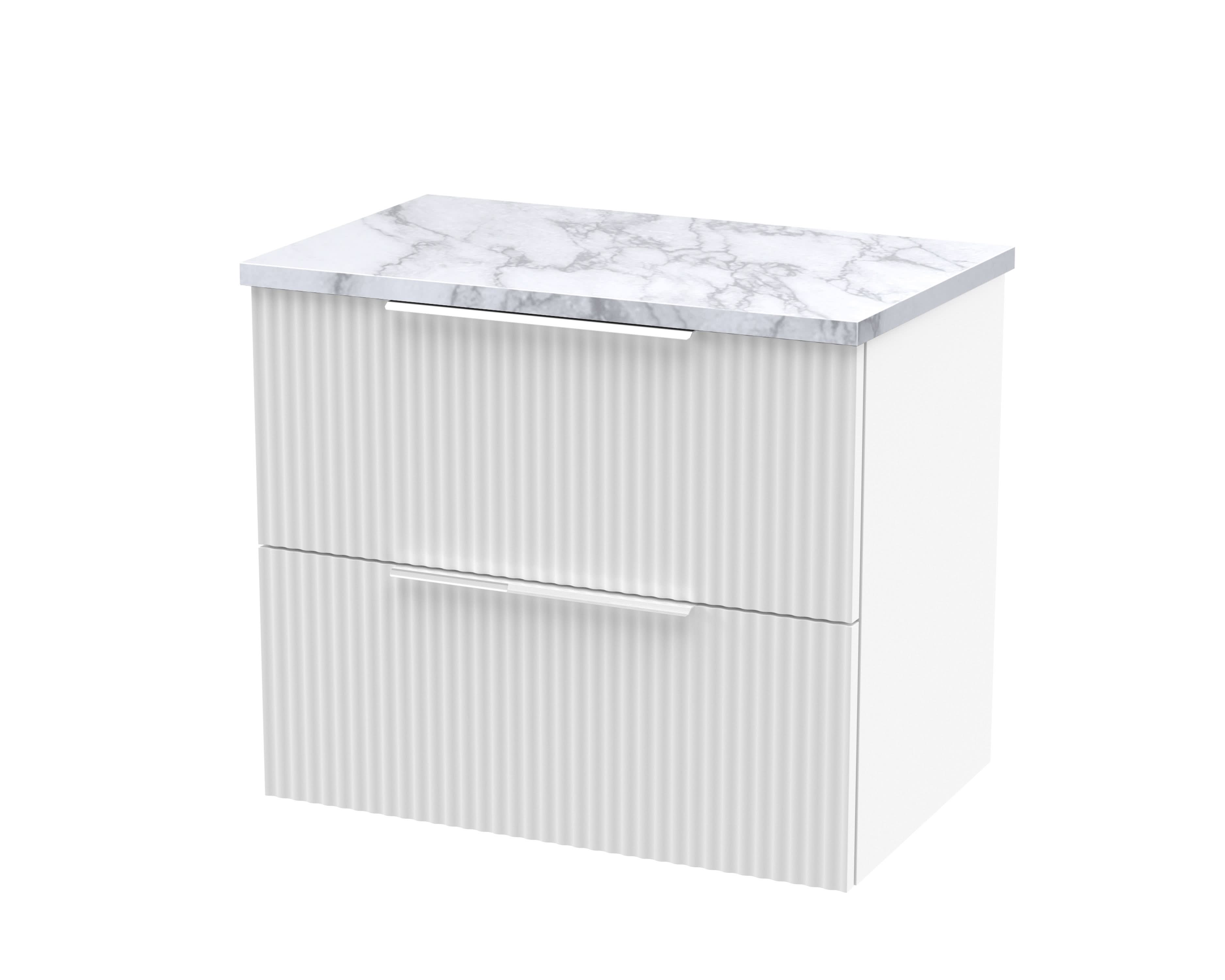Hudson Reed Fluted Wall Hung 2-Drawer Vanity Unit & Carrera Marble Laminate Worktop, Counter Top Vanity Unit in Satin White, 600mm