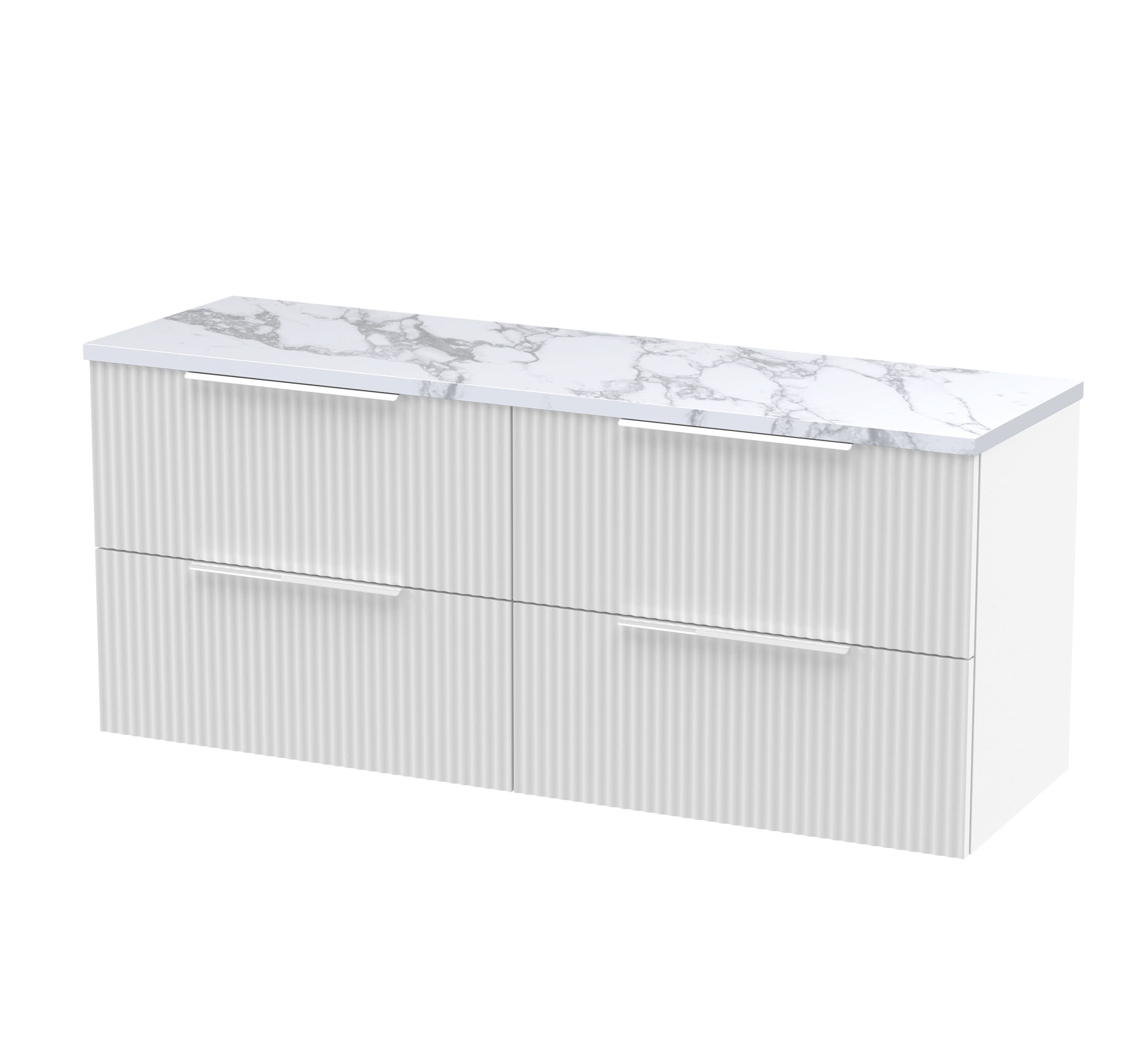 Hudson Reed Fluted Wall Hung 4-Drawer Vanity Unit & Carrera Marble Laminate Worktop, Counter Top Vanity Unit in Satin White, 1200mm