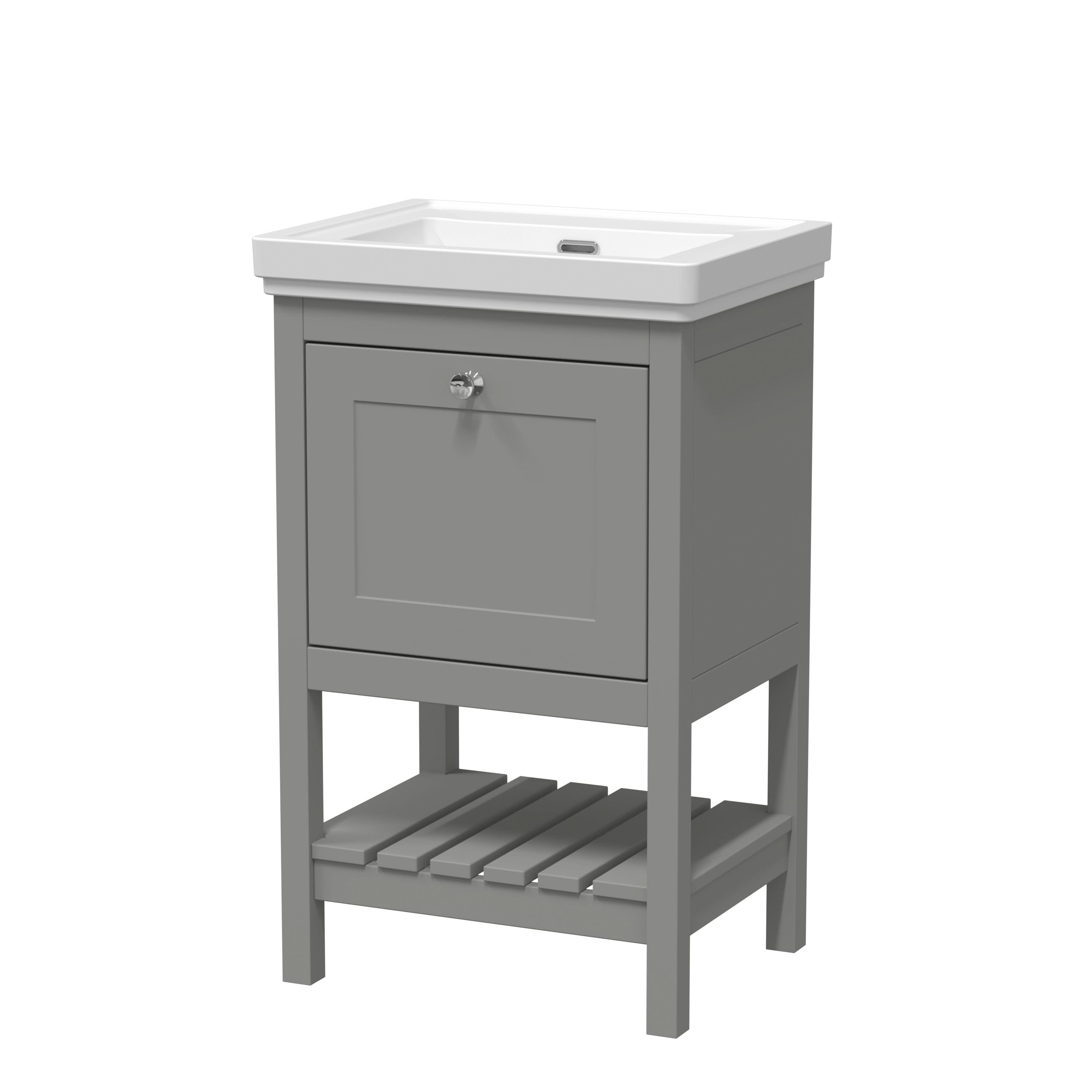 Old London Bexley Floor Standing 1 Drawer Vanity without Tap Hole Fireclay Basin, Stylish Vanity Unit with Basin, Cool Grey, 500mm